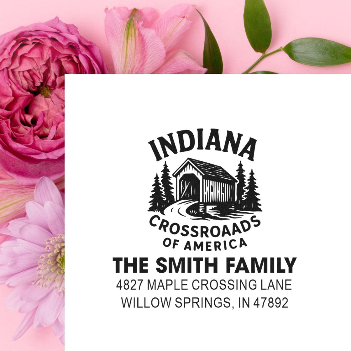 Custom Indiana address rubber stamp with covered bridge design for The Smith Family, Willow Springs, IN.