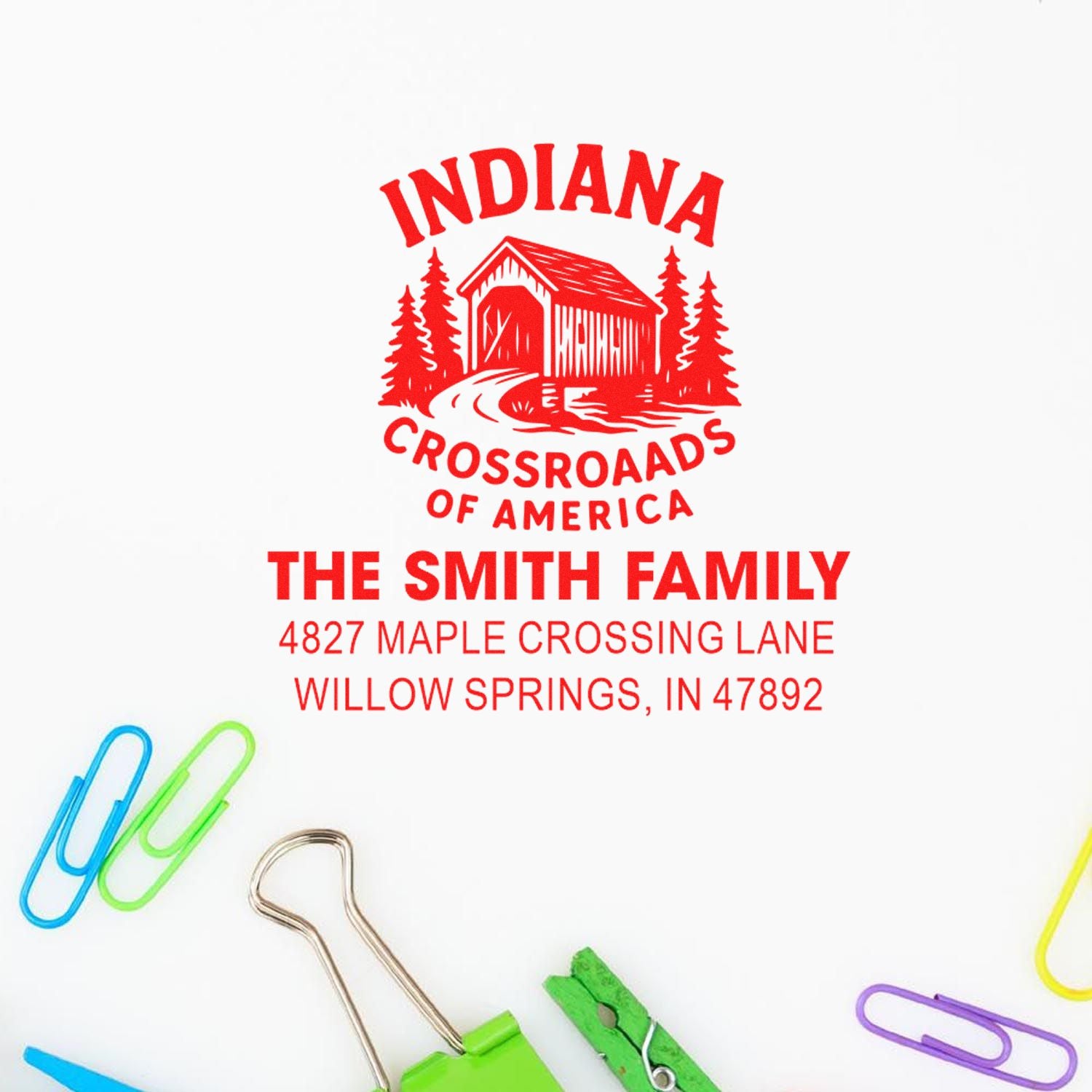 Custom Indiana return address rubber stamp with Crossroads of America design for The Smith Family envelopes.