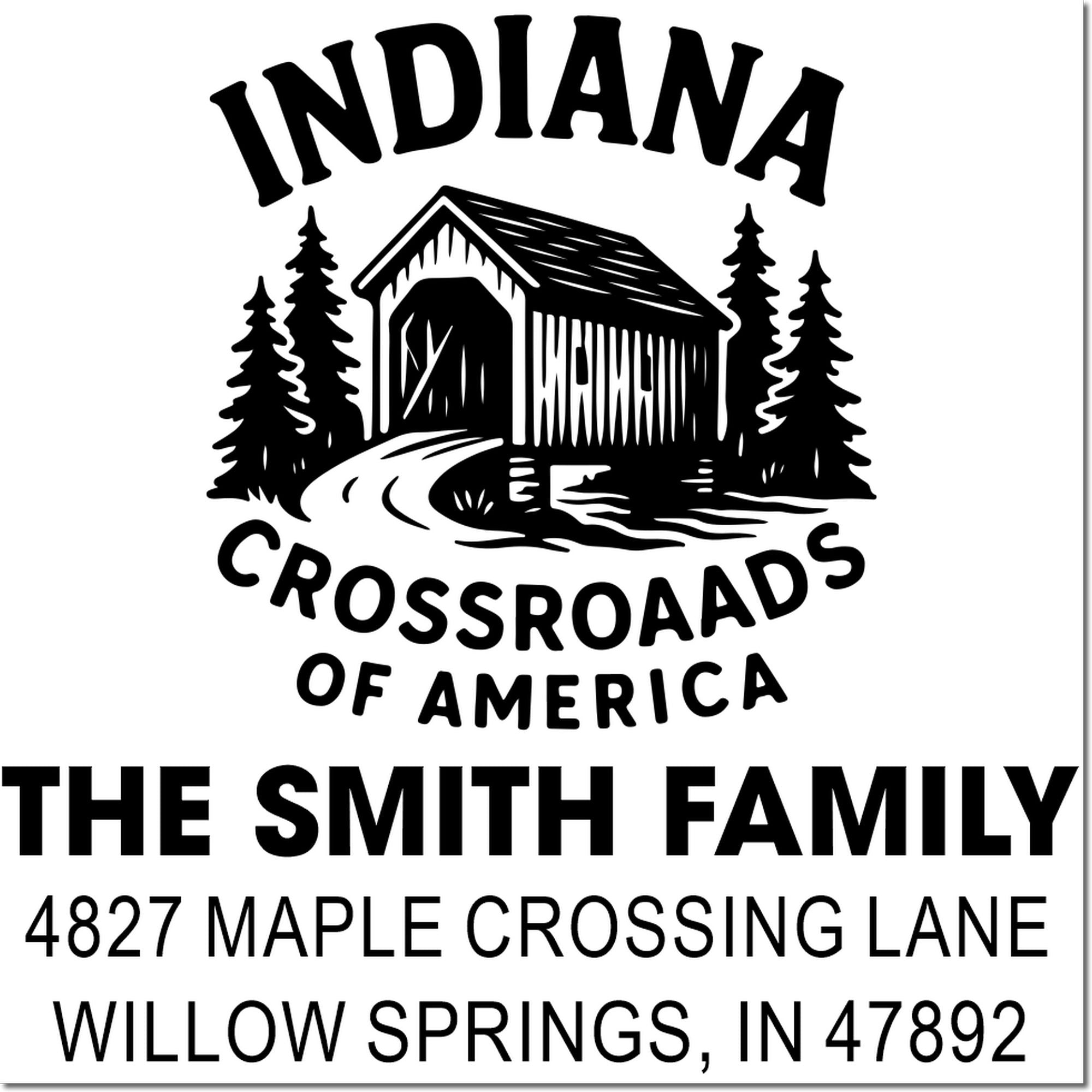 Personalized Indiana rubber stamp with family name and address, featuring Crossroads of America design for mailing and branding.