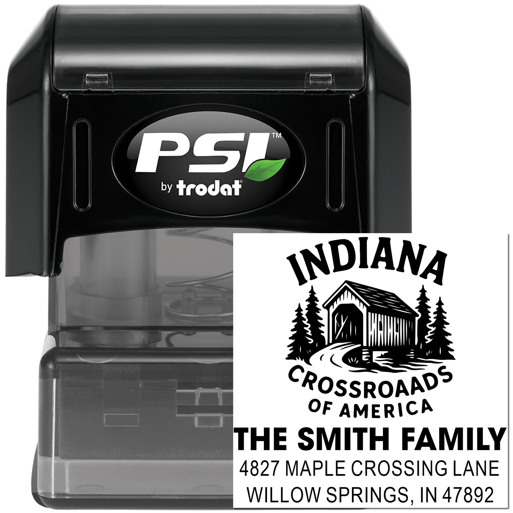 PSI by Trodat custom self-inking rubber address stamp with Indiana Crossroads of America family return address design.