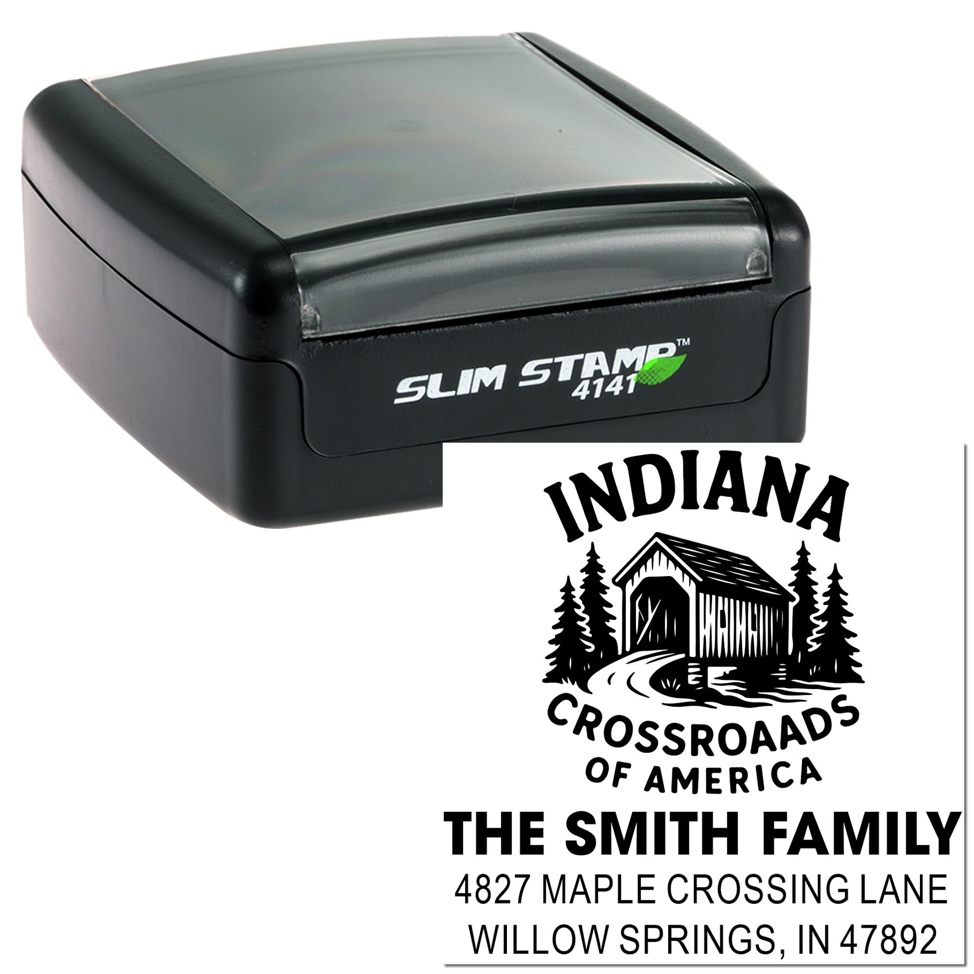 Custom self-inking address rubber stamp with Indiana Crossroads design for envelopes, return addresses, and mailing labels.