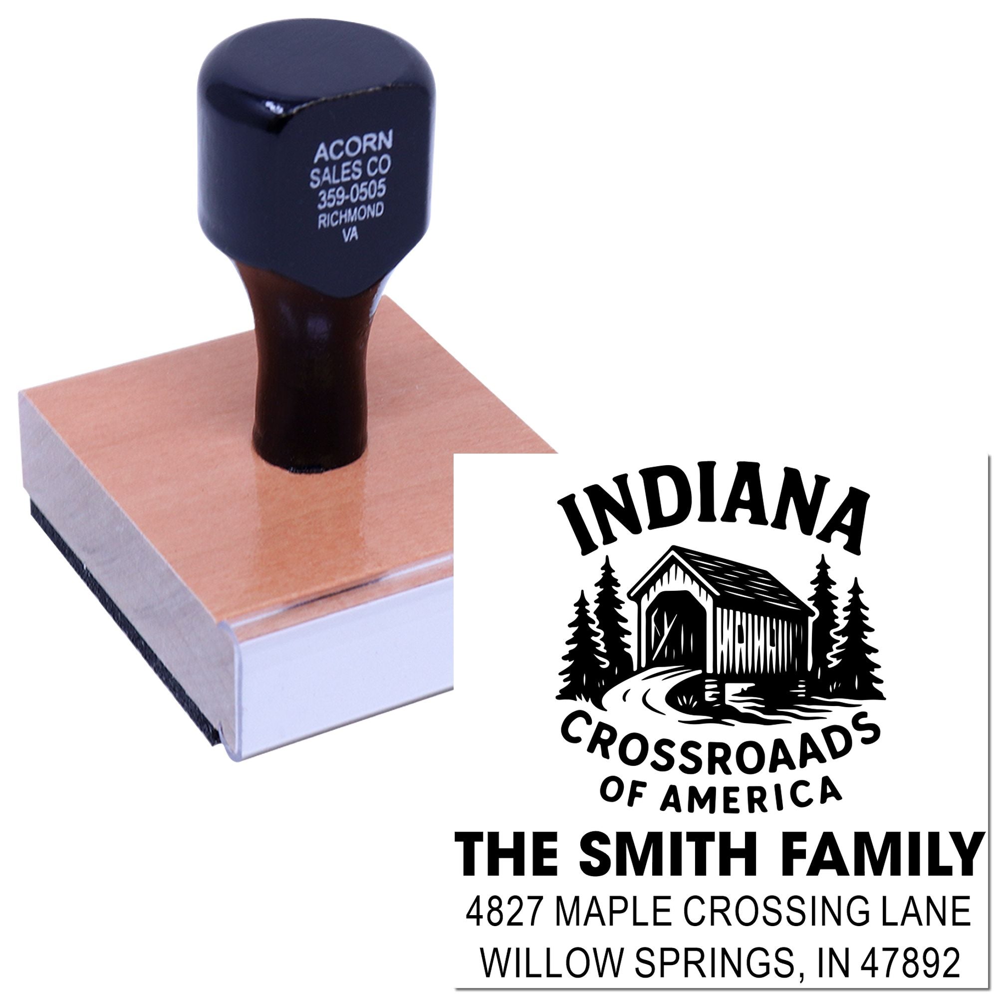 Custom rubber address stamp with Indiana Crossroads of America design for The Smith Family mailing address.