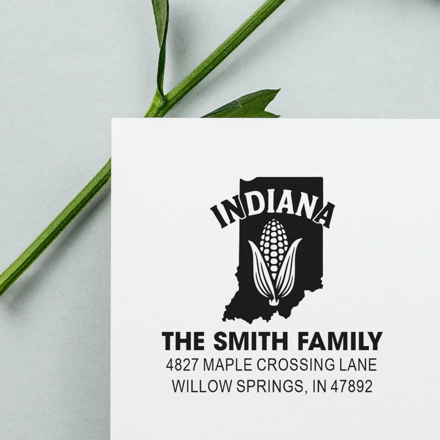 Custom Indiana return address rubber stamp with corn design, The Smith Family, Willow Springs, IN