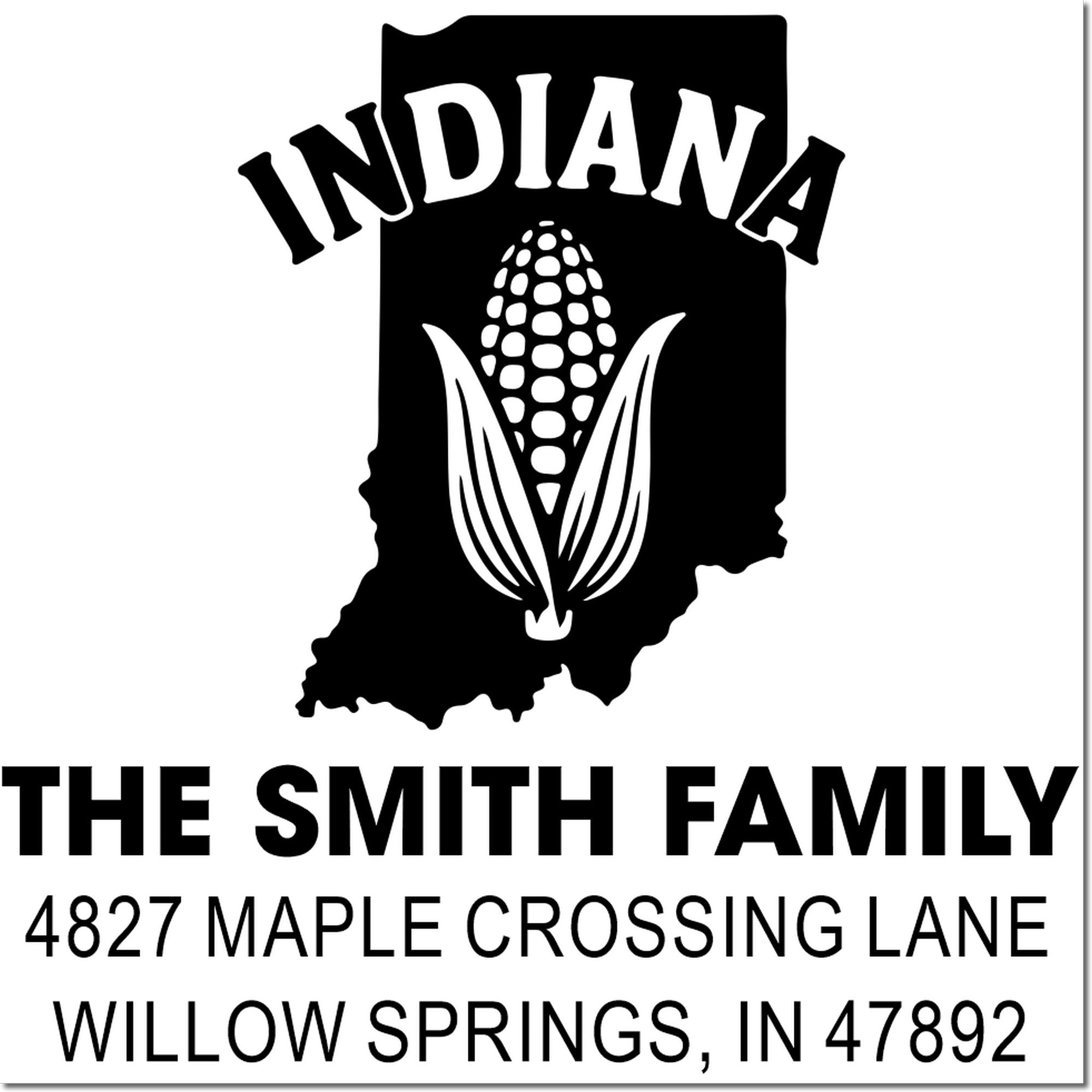 Custom Indiana return address rubber stamp for The Smith Family, featuring a corn design and Willow Springs, IN 47892 address.