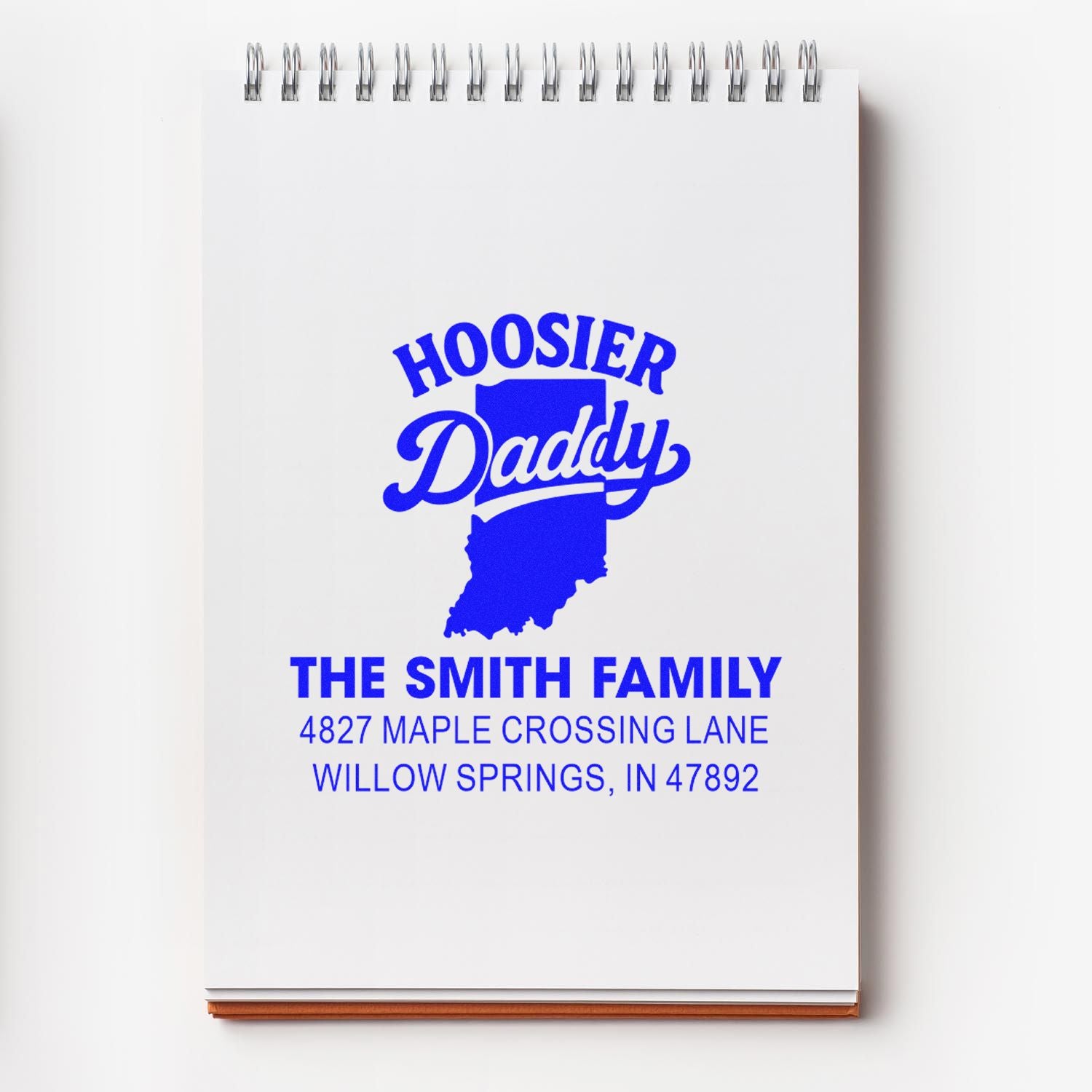 Custom Hoosier Daddy rubber stamp for The Smith Family with Indiana silhouette and address for personalized stationery.