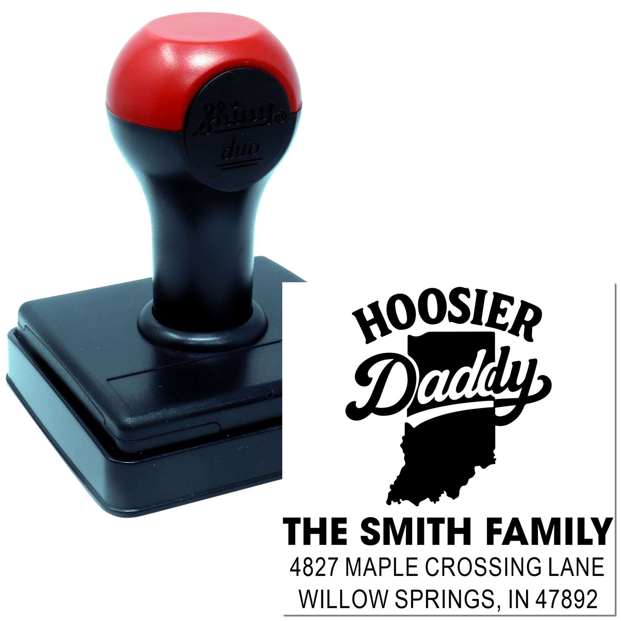 Custom self-inking rubber stamp with Hoosier Daddy Indiana family address design and personalized return address imprint.