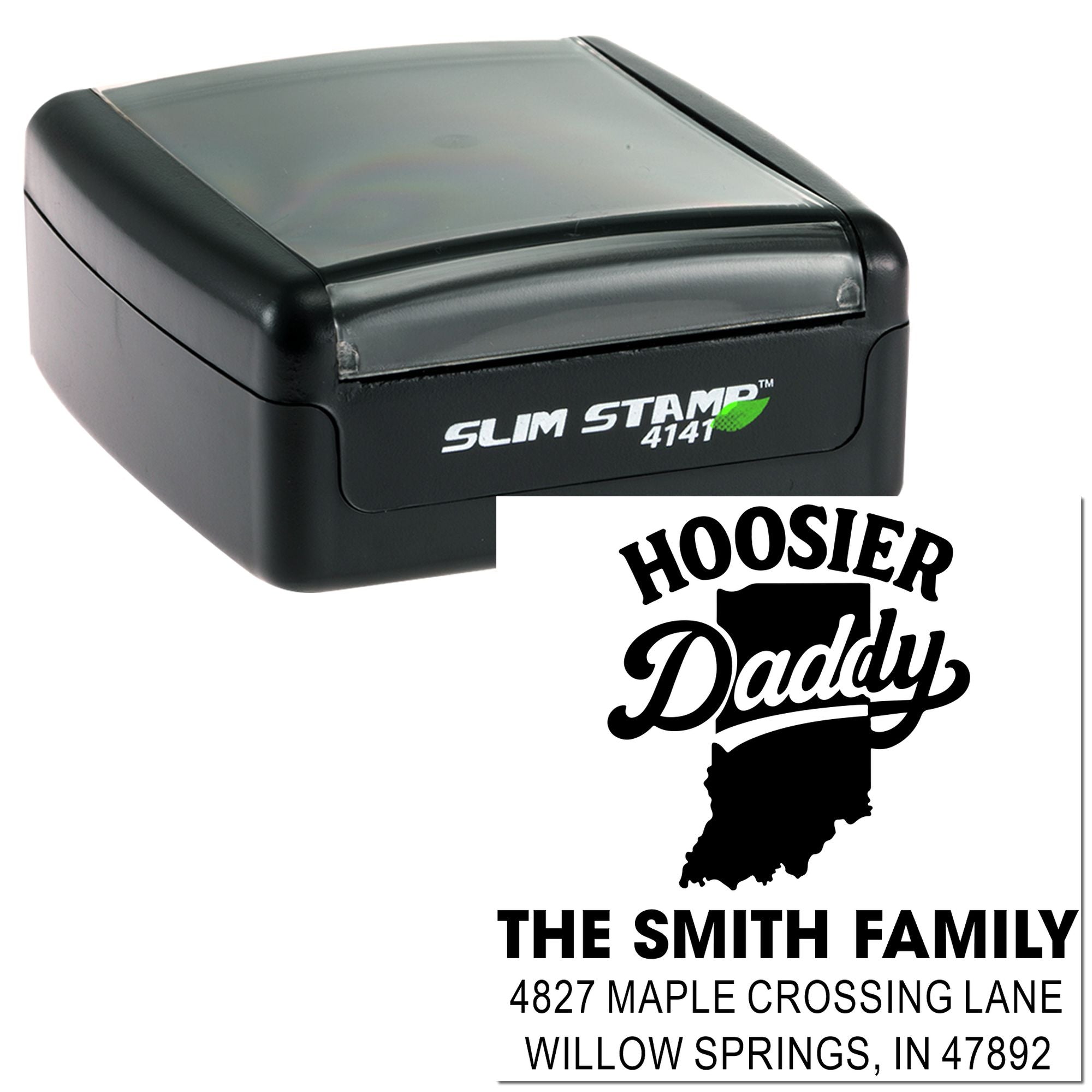 Custom self-inking rubber stamp with Hoosier Daddy address design for Indiana family mail.
