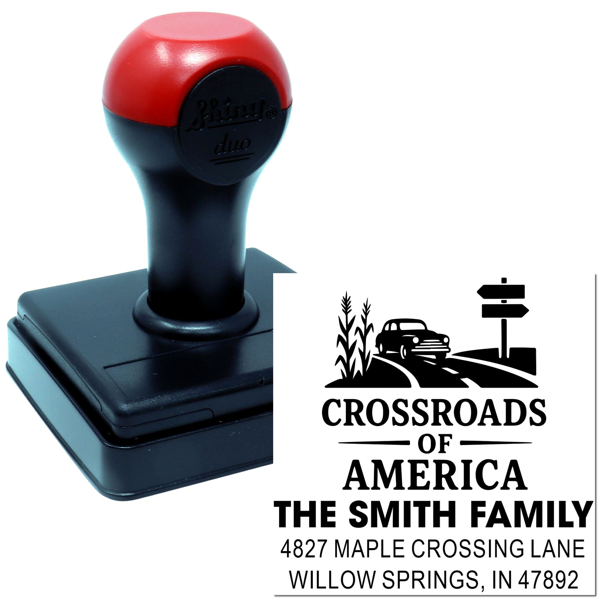 Custom self-inking rubber stamp with personalized family address and Crossroads of America design for The Smith Family