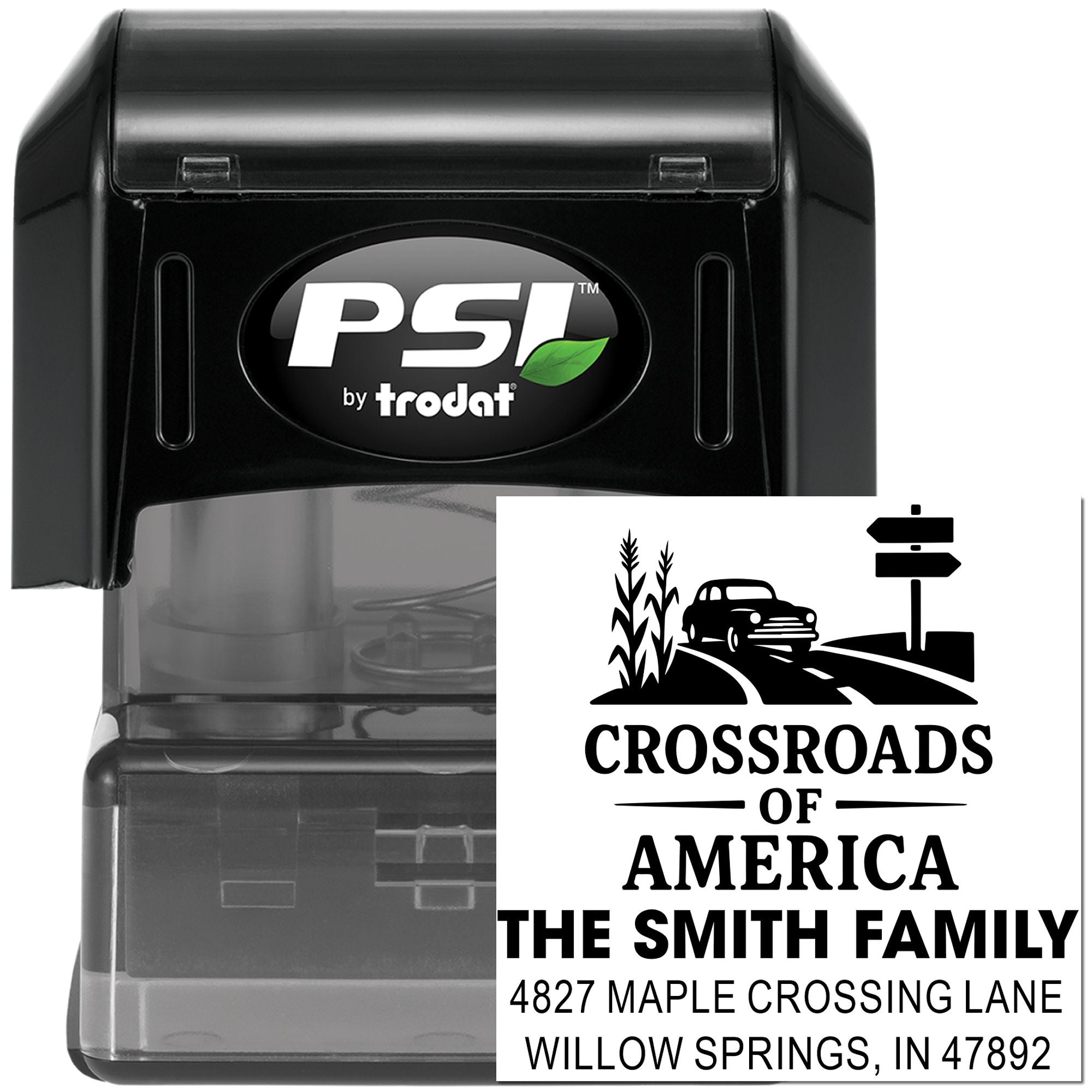 Custom self-inking rubber address stamp by PSI by Trodat with Crossroads of America family name and return address design.