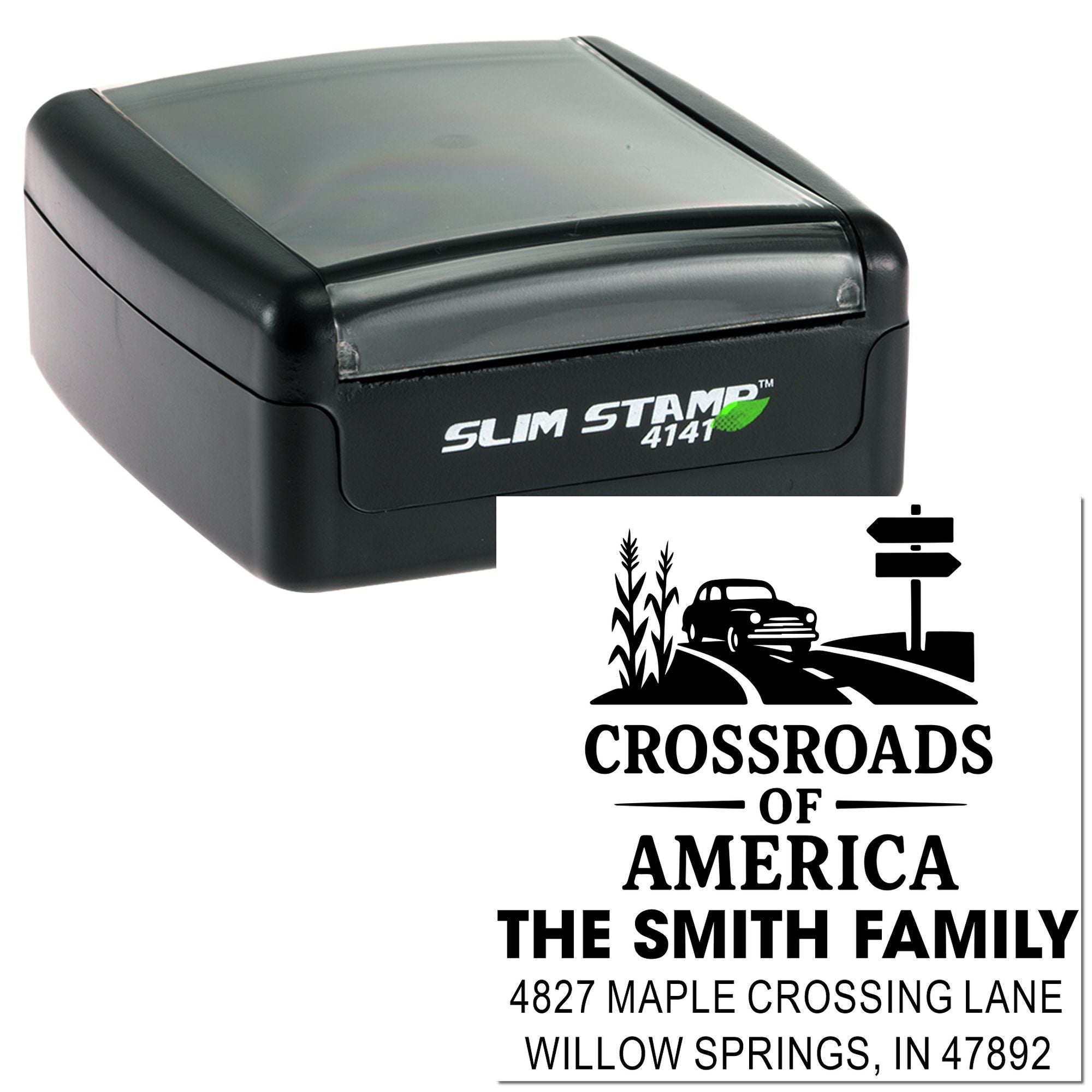 Self-inking Slim Stamp 4141 custom address rubber stamp with Crossroads of America design for The Smith Family.