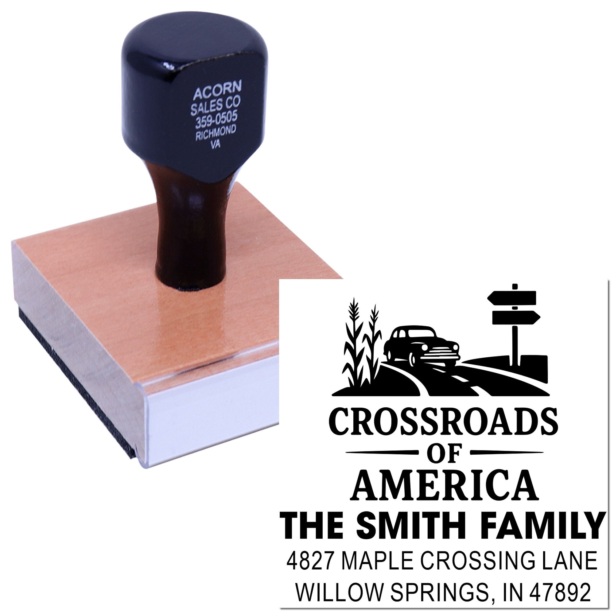 Custom rubber stamp with family address and logo imprint for personalized mailings, featuring a Crossroads of America design.