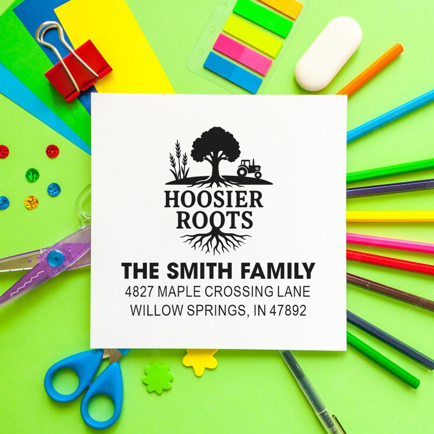 Custom family return address rubber stamp with Hoosier Roots tree logo and The Smith Family address.