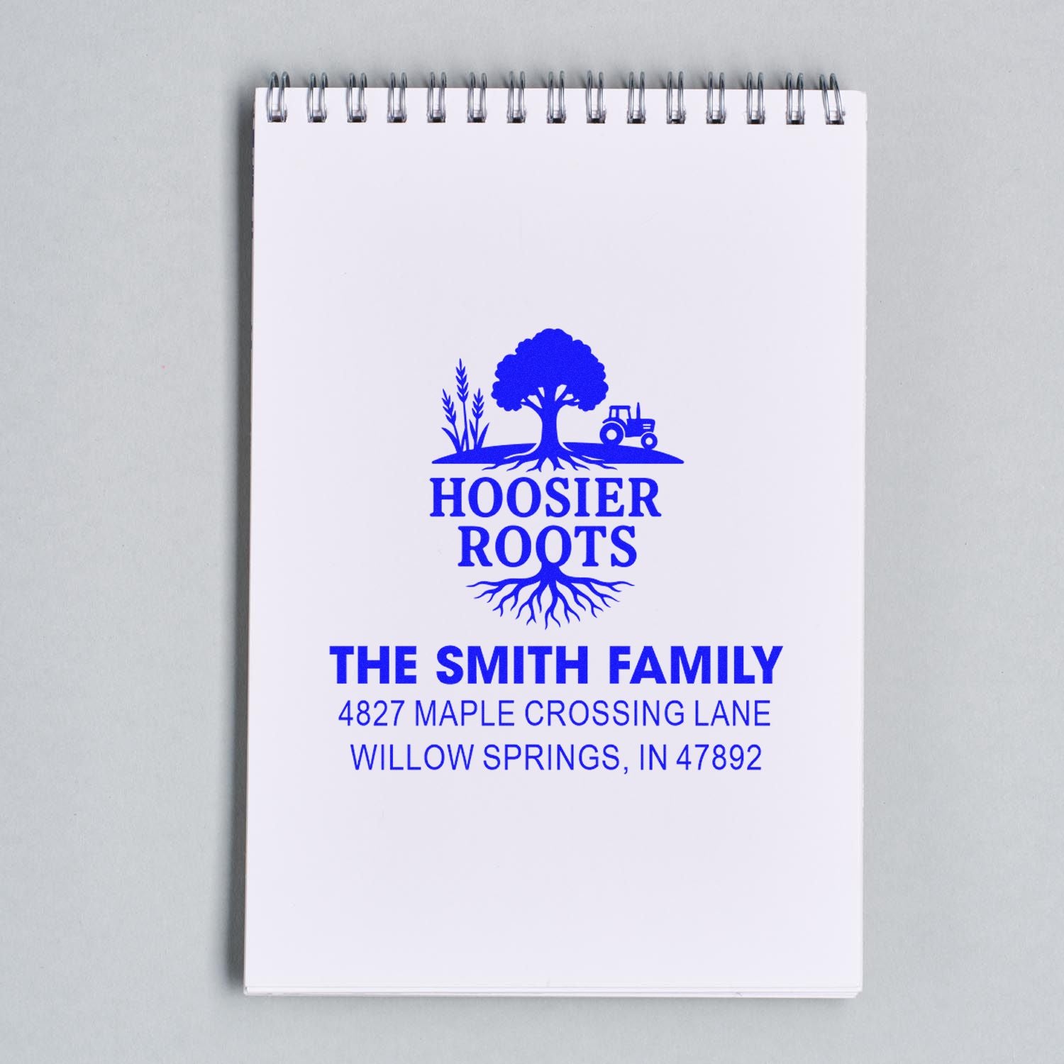 Custom family address rubber stamp with Hoosier Roots tree logo, The Smith Family, and Willow Springs, Indiana.