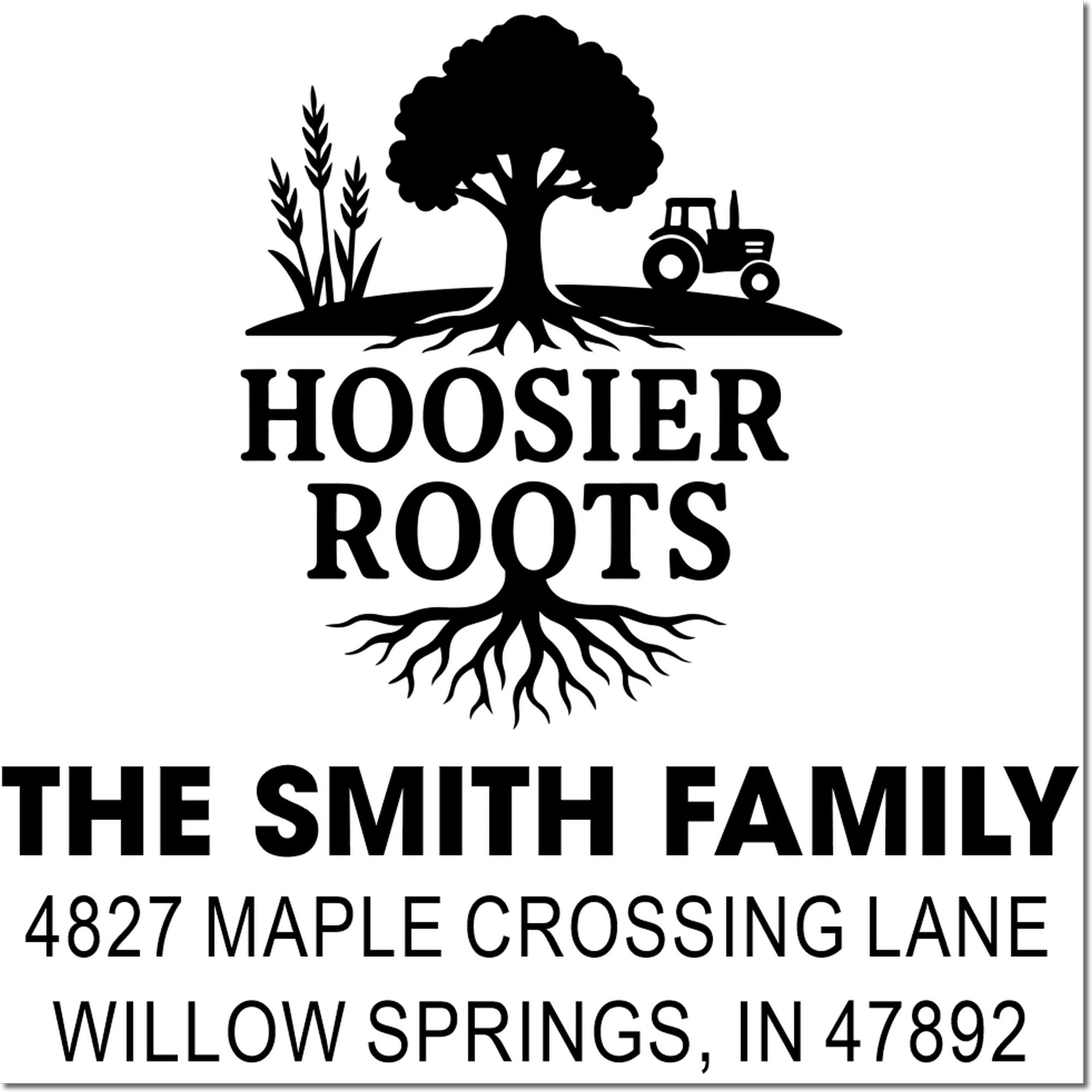 Custom Hoosier Roots return address rubber stamp for The Smith Family, featuring tree, tractor and farm design.