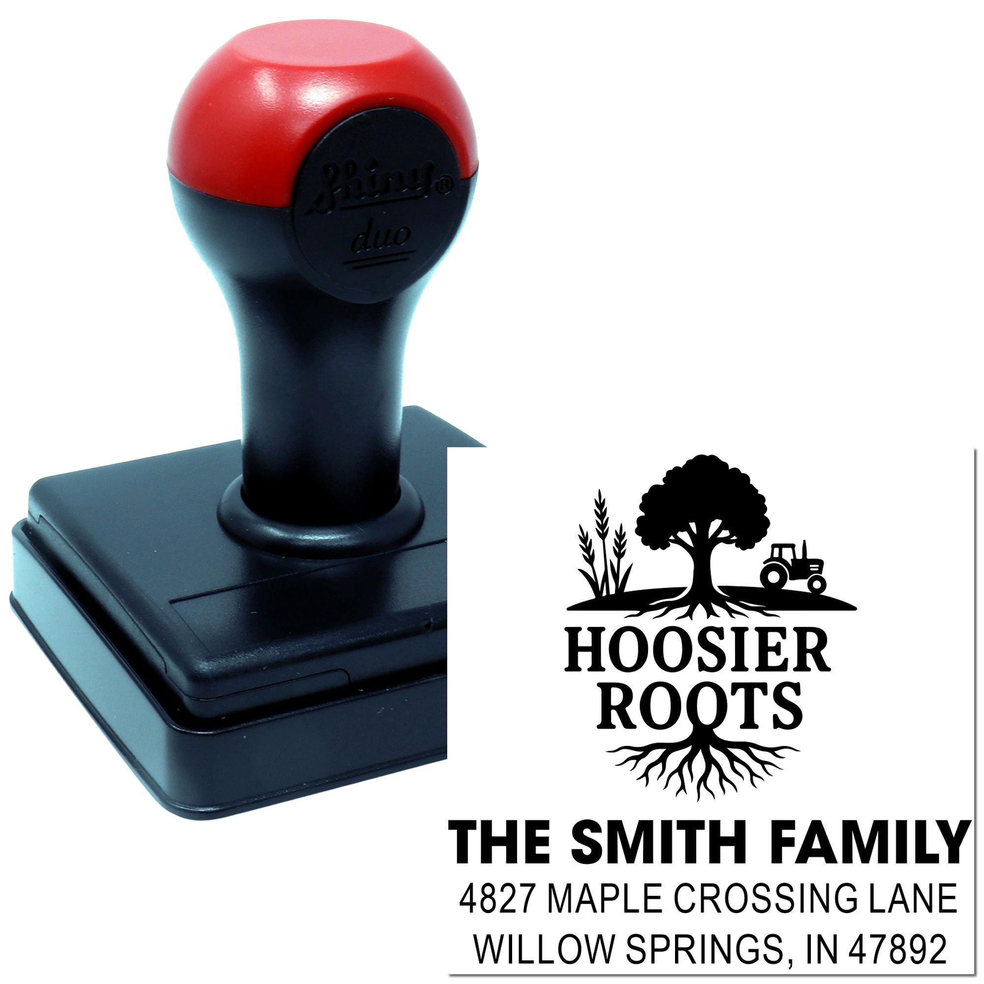 Custom self-inking address rubber stamp with personalized Hoosier Roots farm logo for The Smith Family.