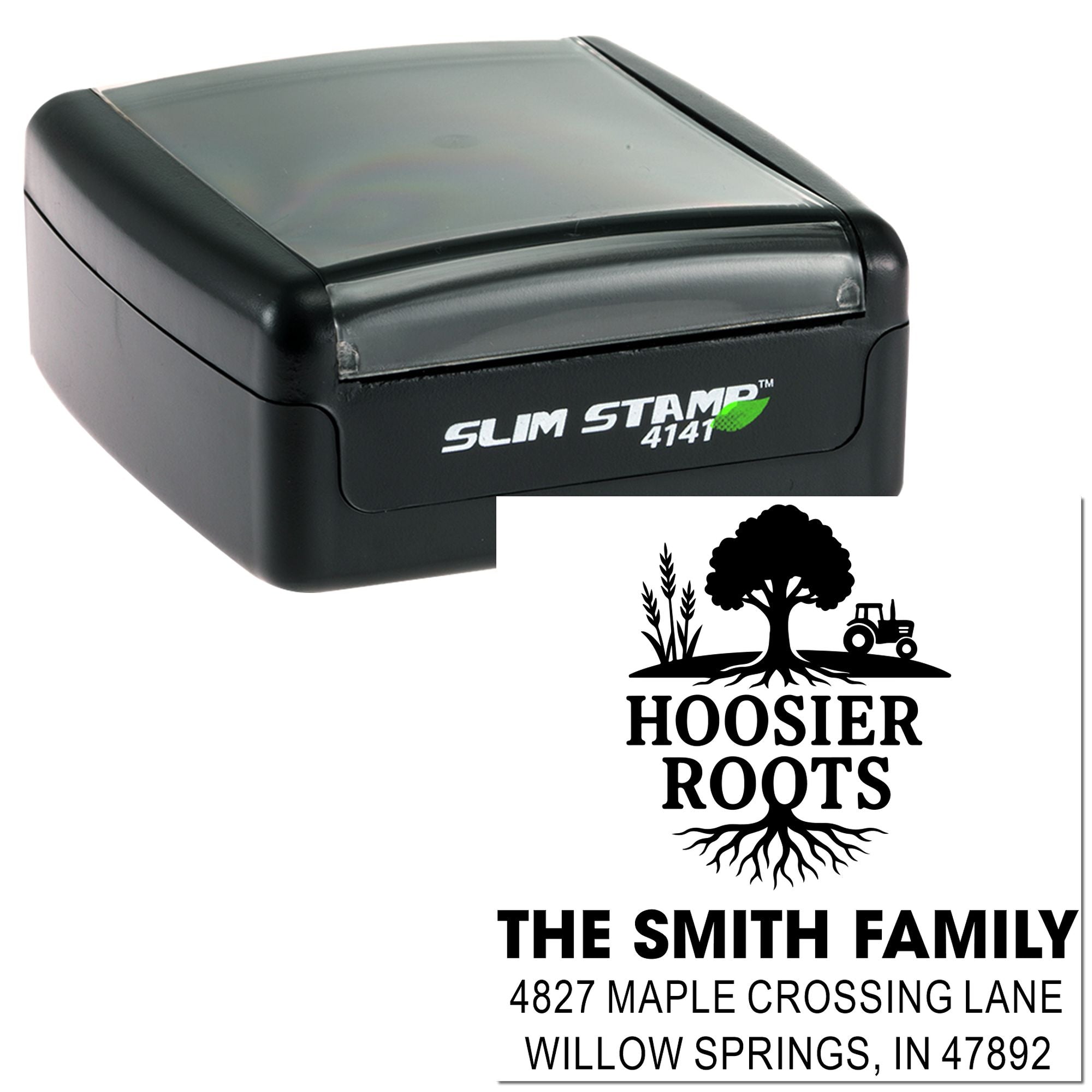 Personalized address rubber stamp preview with Slim Stamp 4141 and Hoosier Roots The Smith Family custom imprint.