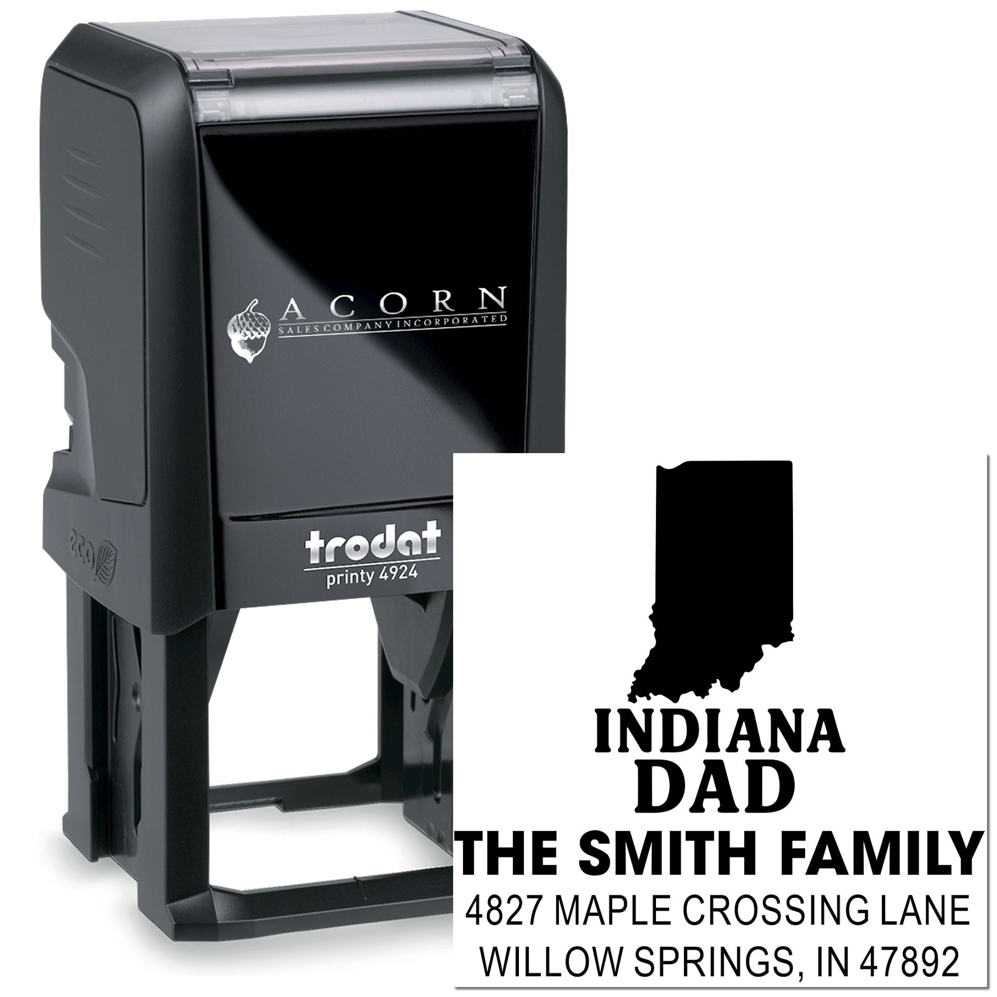 Custom self-inking rubber address stamp with Indiana Dad design for the Smith familys personalized return mail.