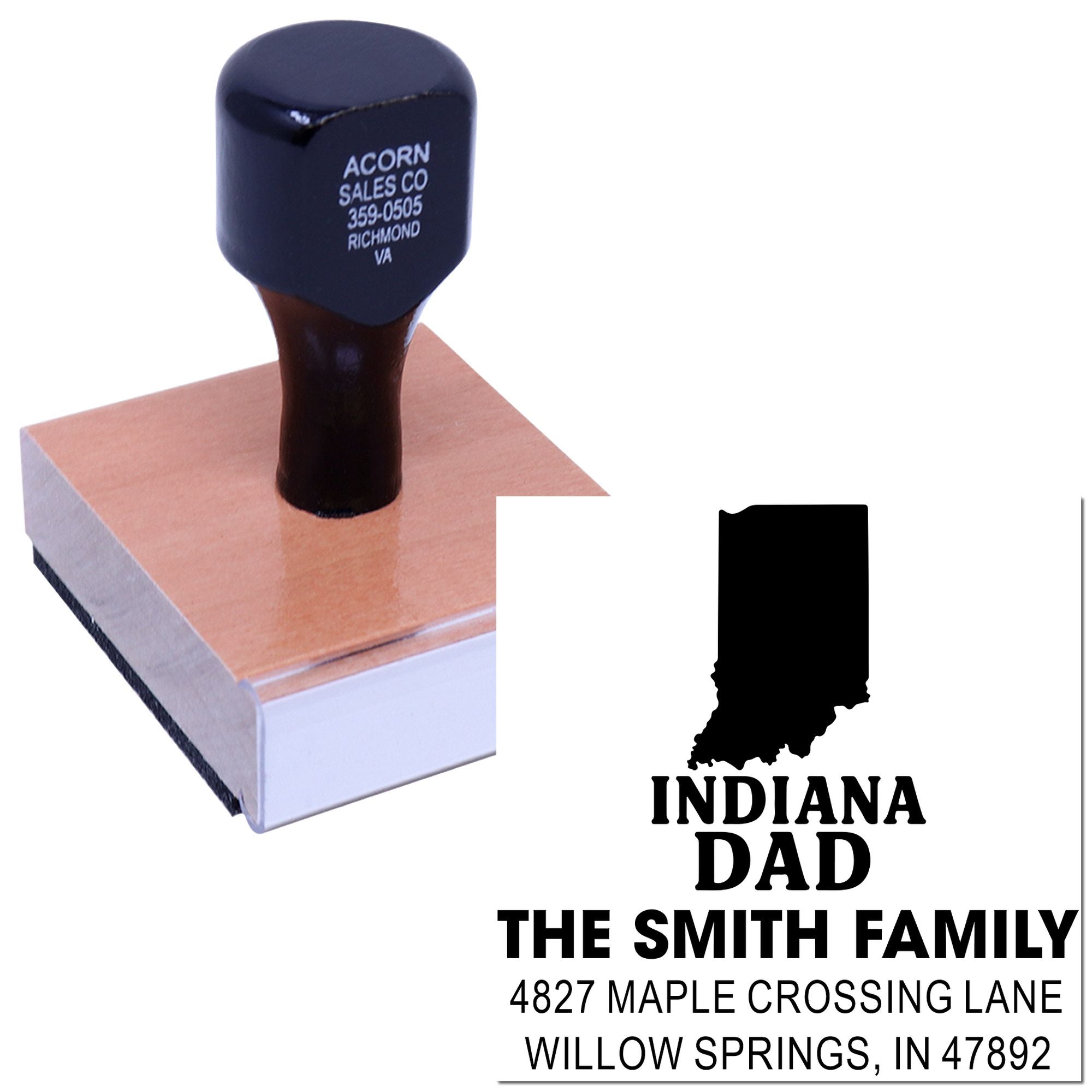 Custom Indiana rubber stamp with personalized family address, featuring state outline and The Smith Family return address design.