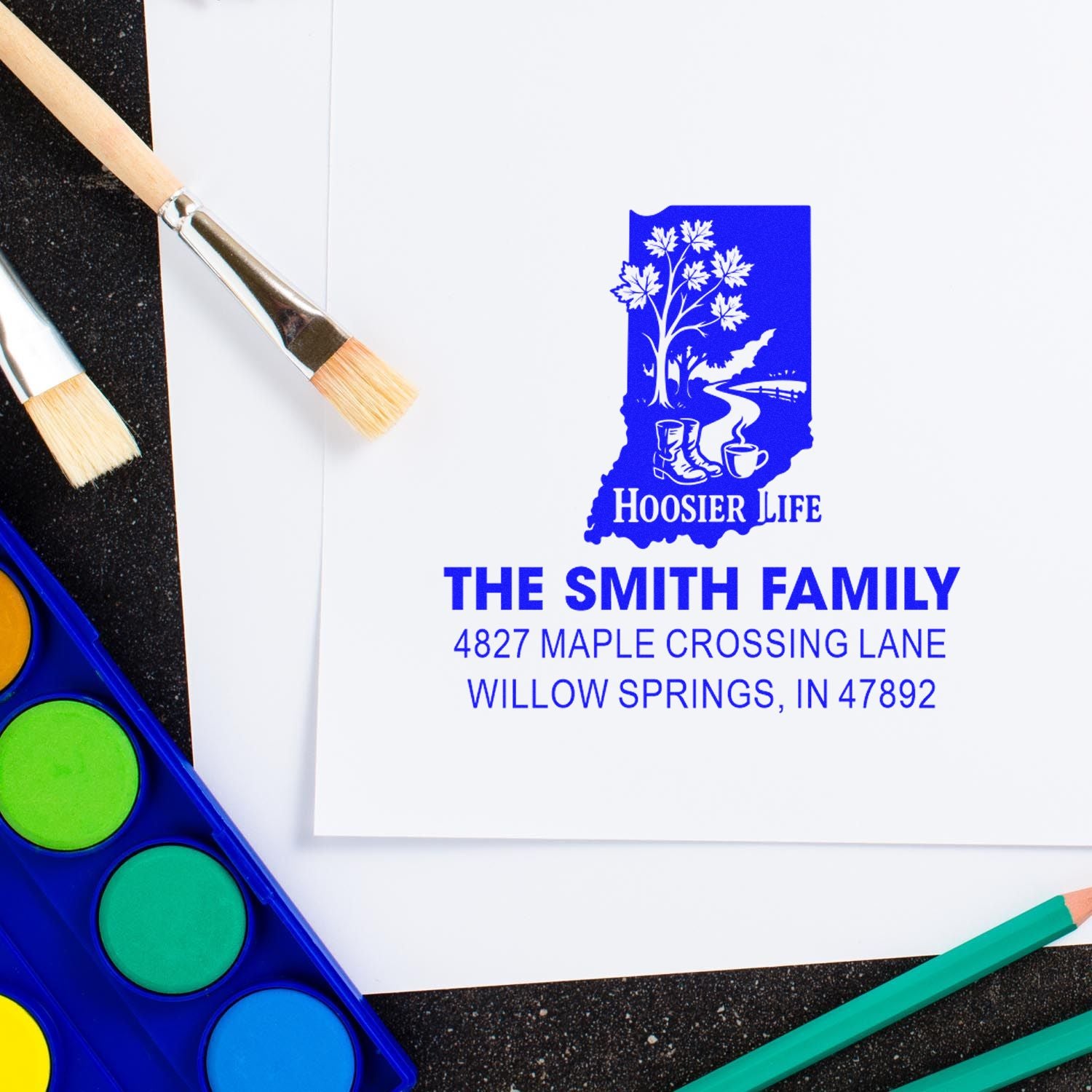 Personalized Indiana family address rubber stamp with Hoosier Life design for The Smith Family in Willow Springs, IN.