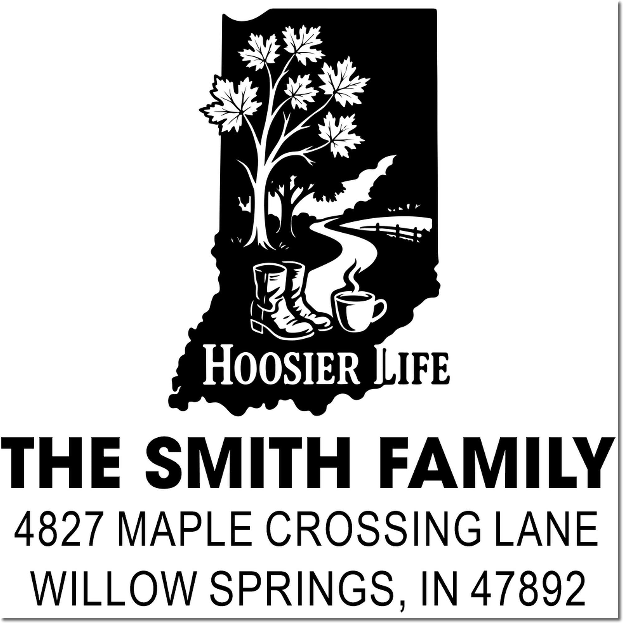 Personalized Indiana return address rubber stamp with Hoosier Life design for The Smith Family, Willow Springs, IN.