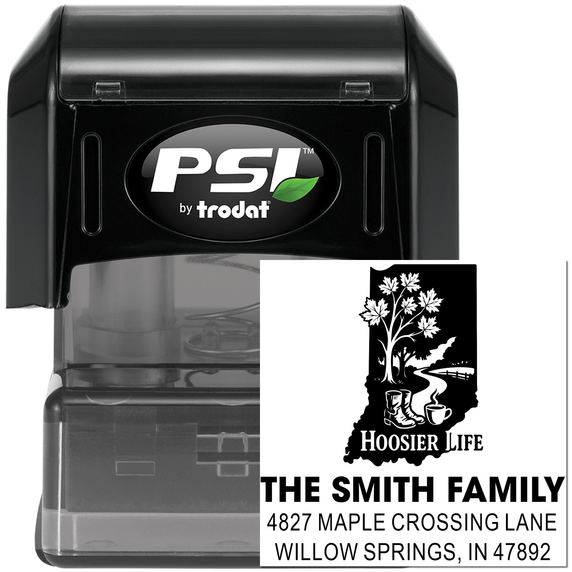 Custom address rubber stamp by PSI Trodat featuring Hoosier Life Indiana design for The Smith Family, Willow Springs, IN.