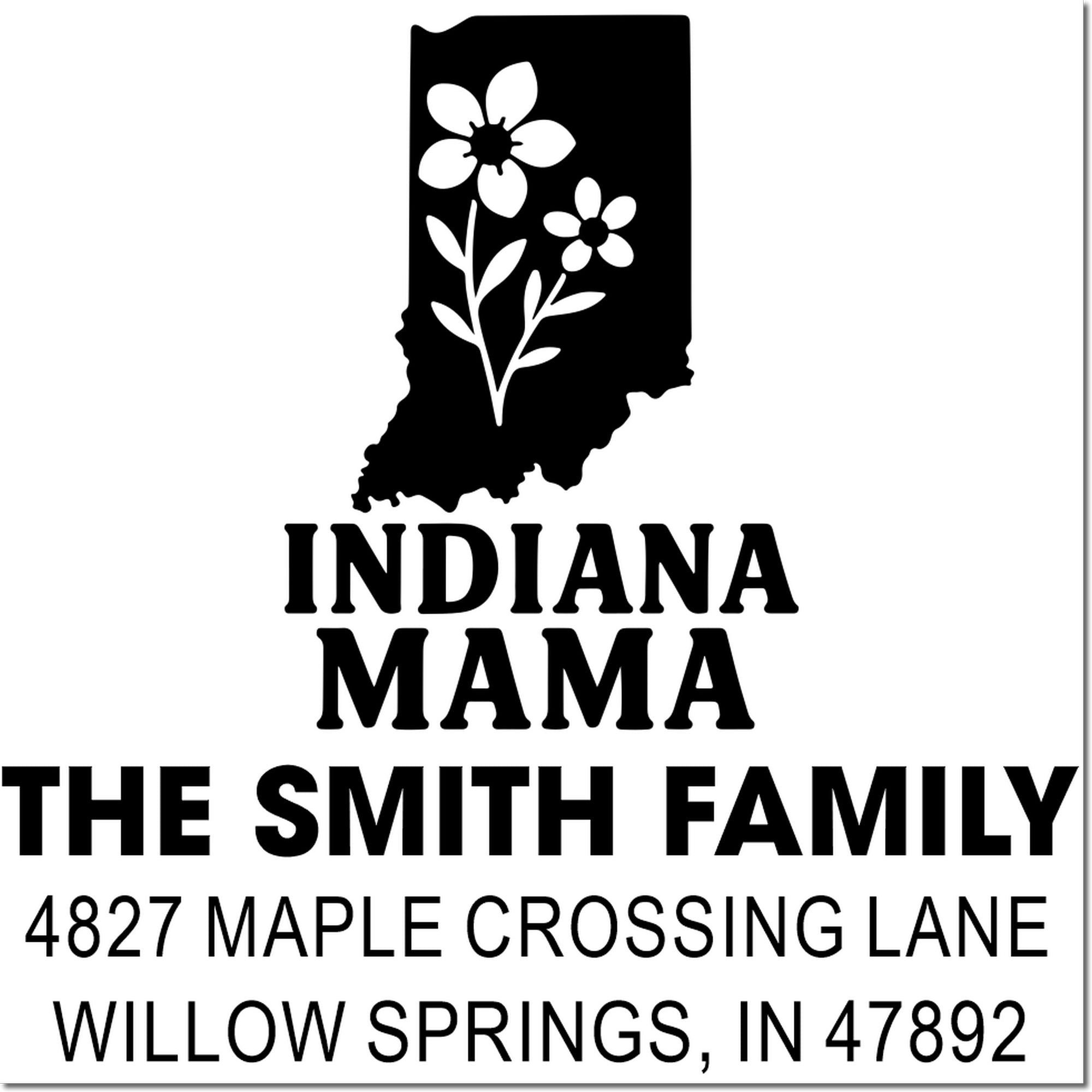Custom Indiana Mama return address rubber stamp for The Smith Family with floral state design.