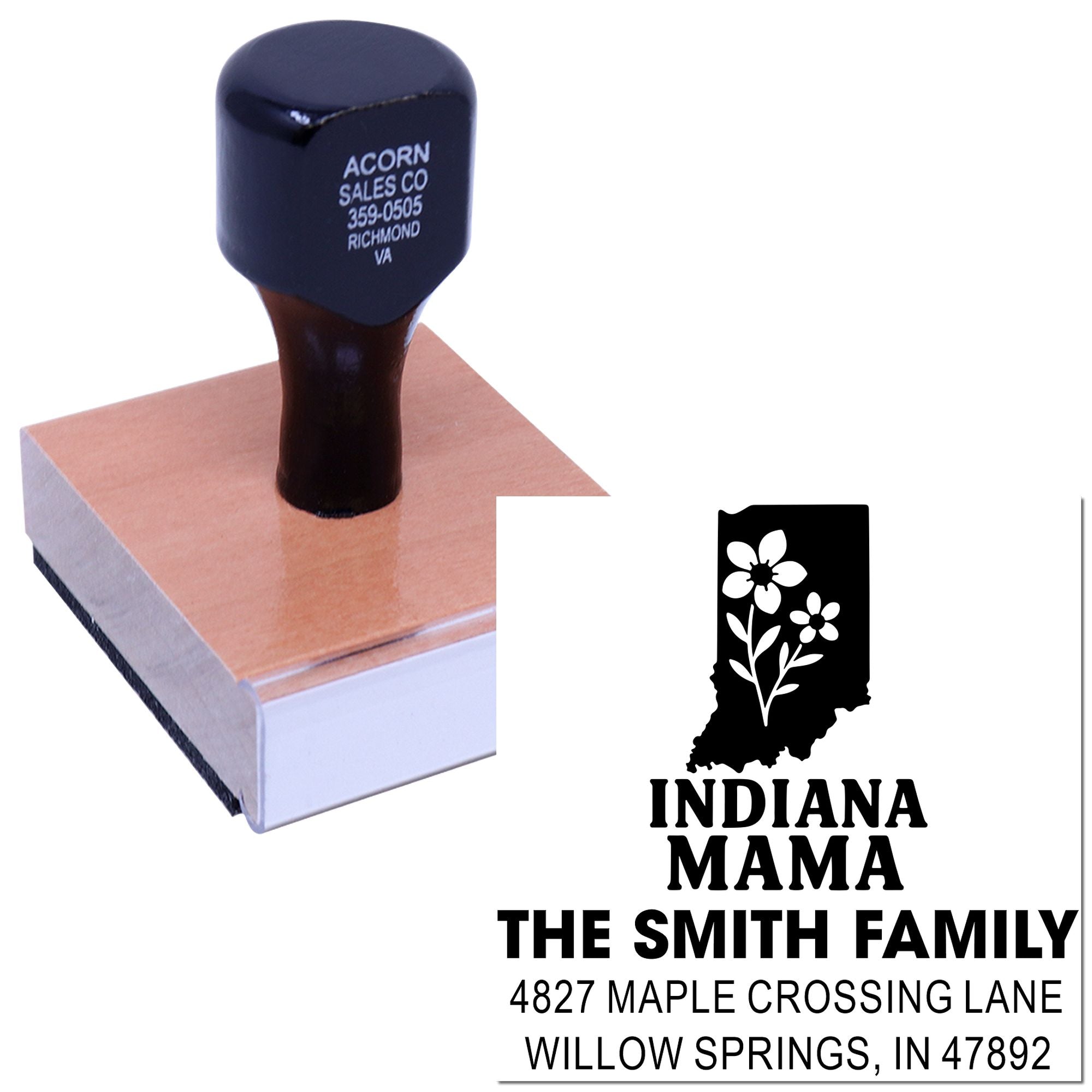 Custom return address rubber stamp for The Smith Family, with Indiana Mama design, Willow Springs, IN.