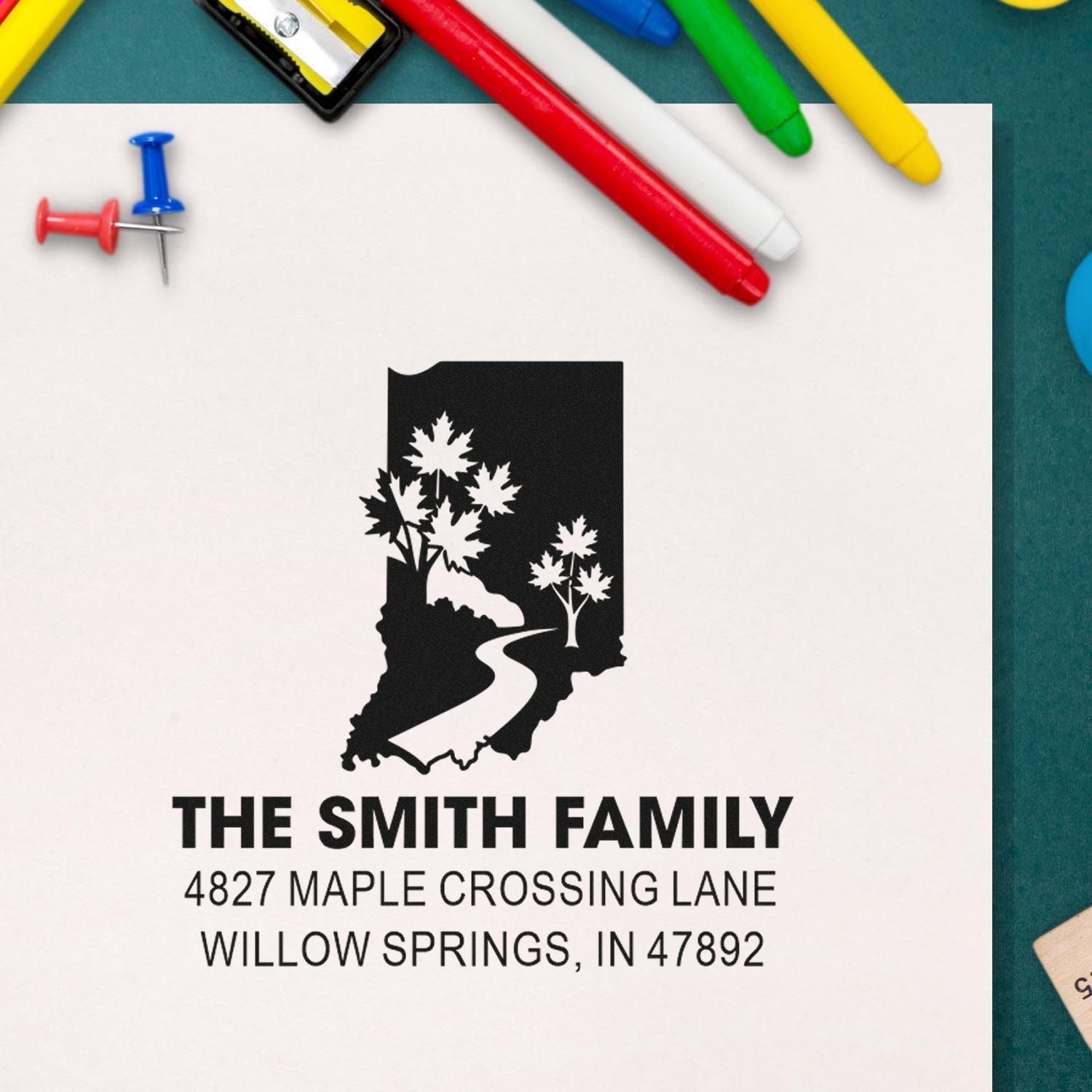 Custom family return address rubber stamp with Indiana map design and full mailing address for personalized labeling