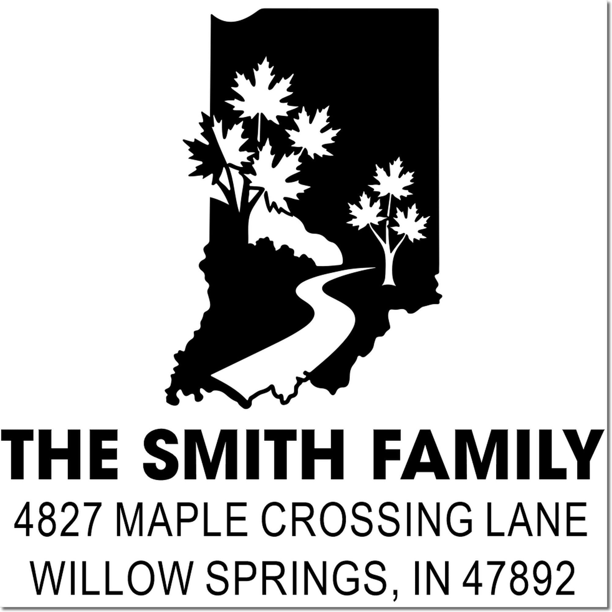 Personalized return address rubber stamp with Indiana silhouette, maple trees, and Smith family home address.
