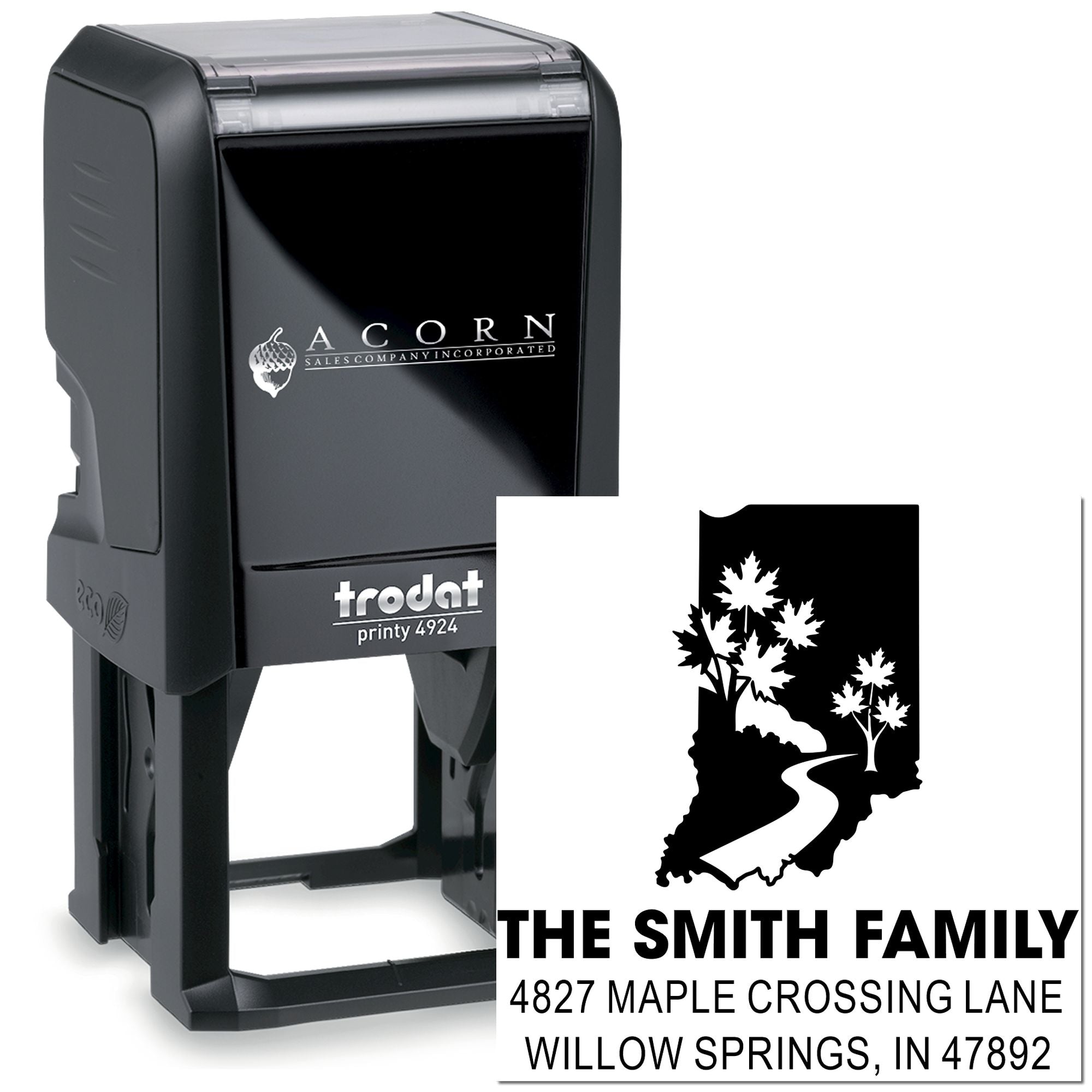 Trodat Printy 4924 custom self-inking address rubber stamp with family name, maple tree design, and return address.