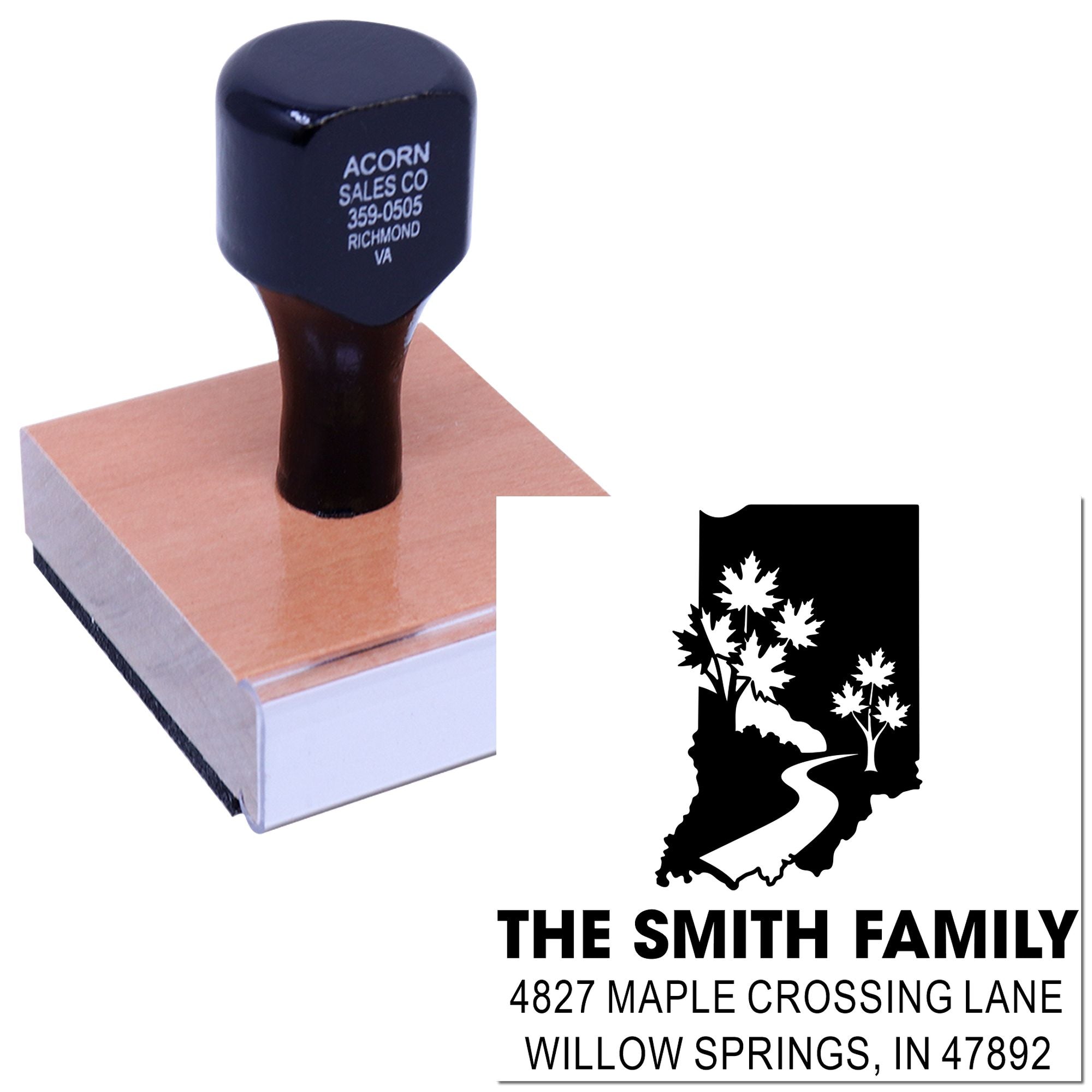 Custom family rubber return address stamp with state outline for envelopes, mailing labels, and personalized correspondence.
