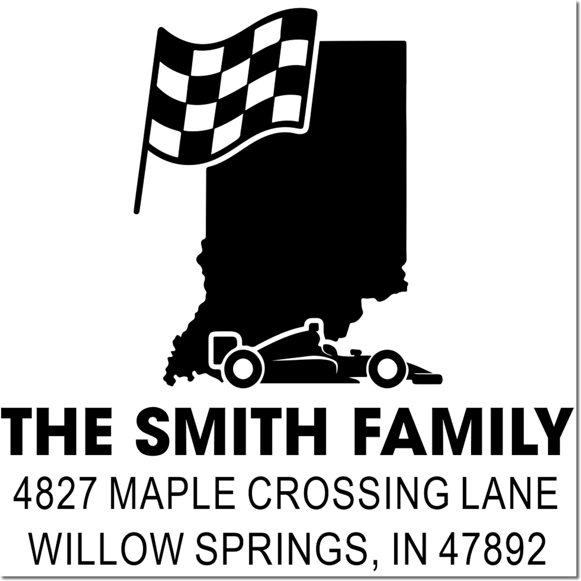 Custom racing-themed return address rubber stamp for The Smith Family in Willow Springs, IN, with Indiana state and checkered flag.