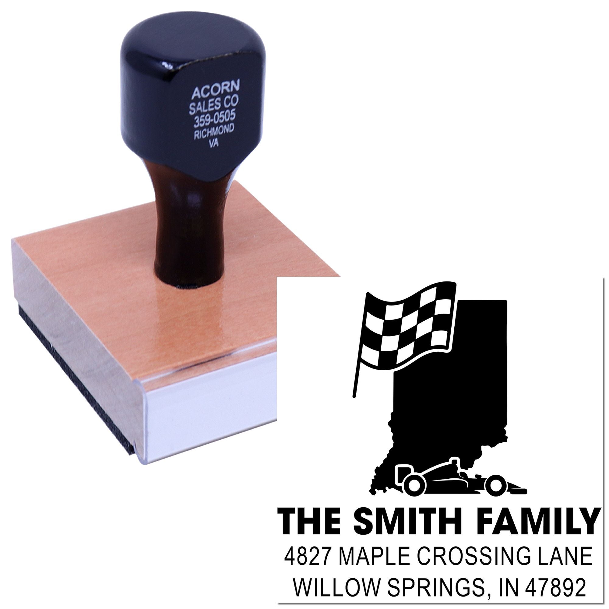 Personalized rubber stamp with checkered flag design for The Smith Family address and race-themed mailing.