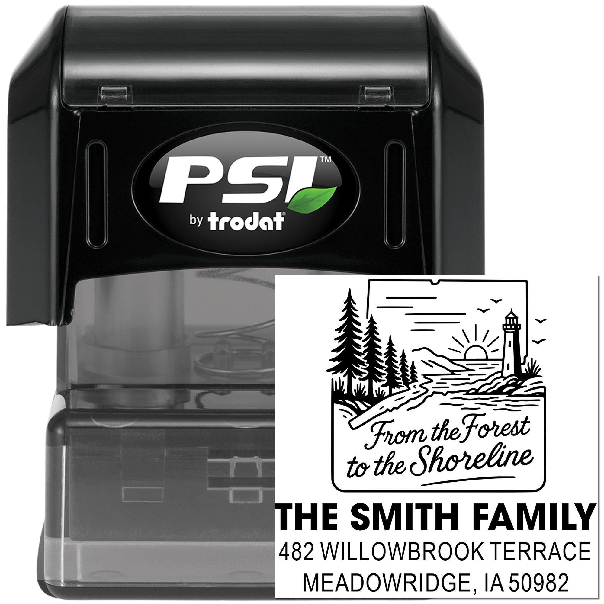Custom self-inking rubber address stamp with forest-to-shoreline design for The Smith Family