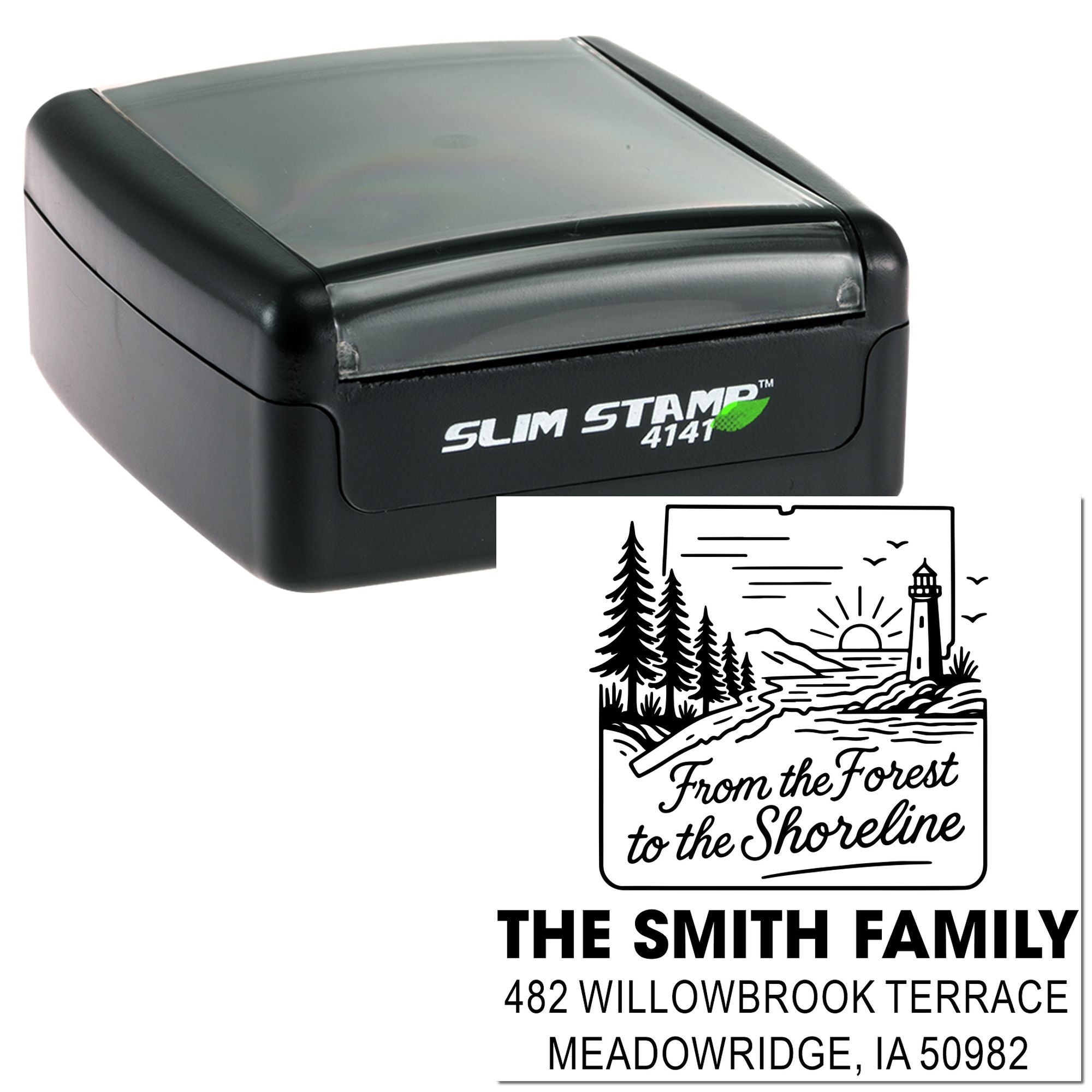 Custom self-inking rubber address stamp with lighthouse shoreline design for The Smith Family return mail.