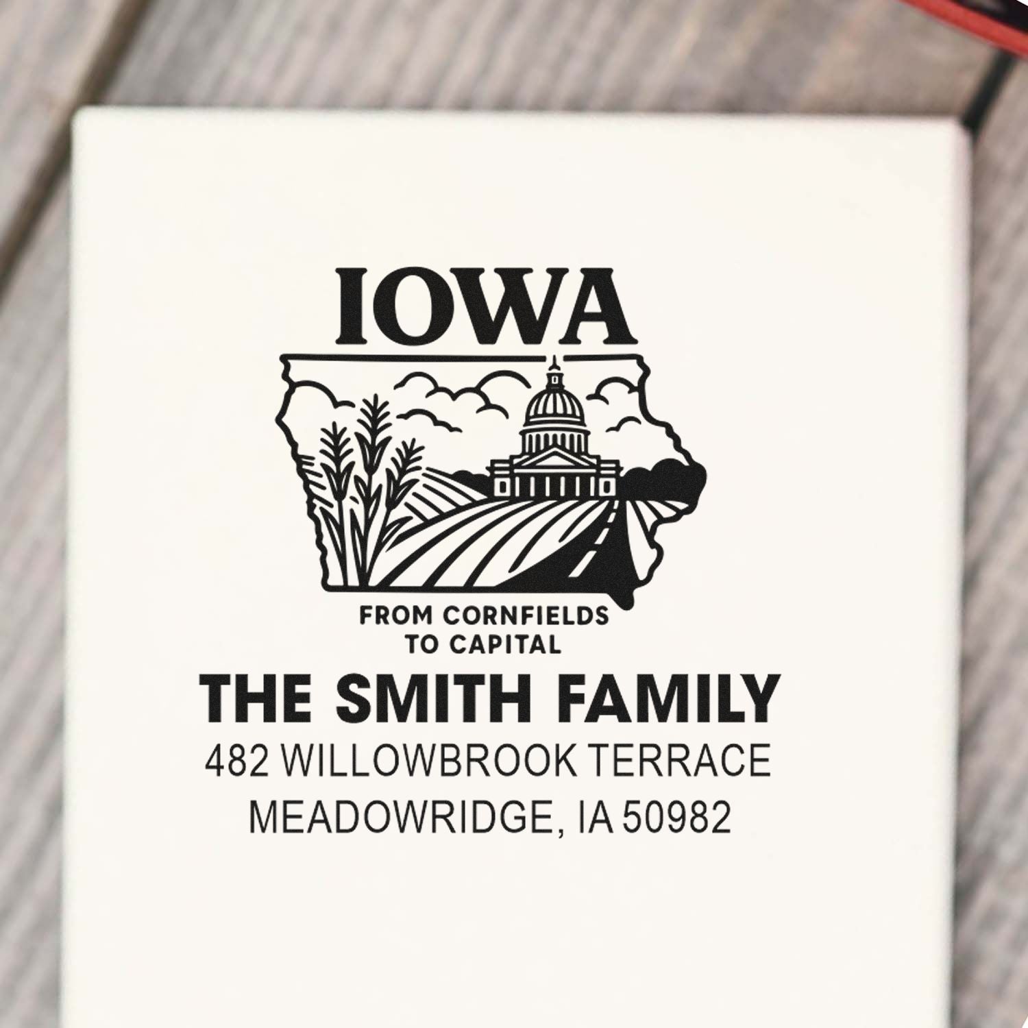 Custom Iowa return address rubber stamp for The Smith Family, with state capitol and cornfield design.