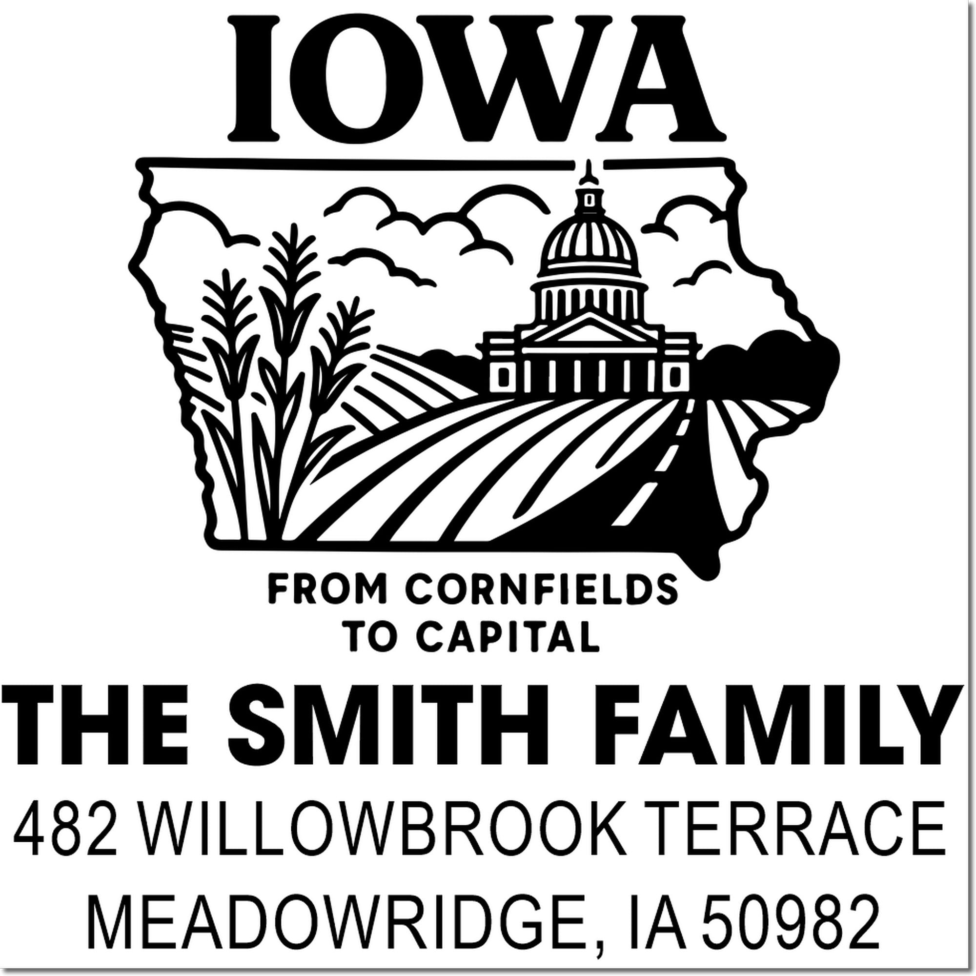 Personalized Iowa return address rubber stamp with state outline, capitol, and Smith family, Meadowsridge, IA 50982