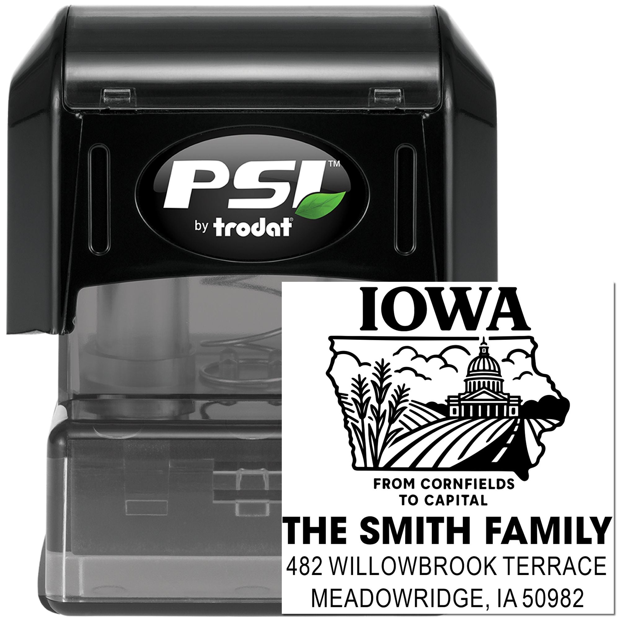Custom PSI by Trodat self-inking rubber stamp with Iowa family address design and logo imprint sample