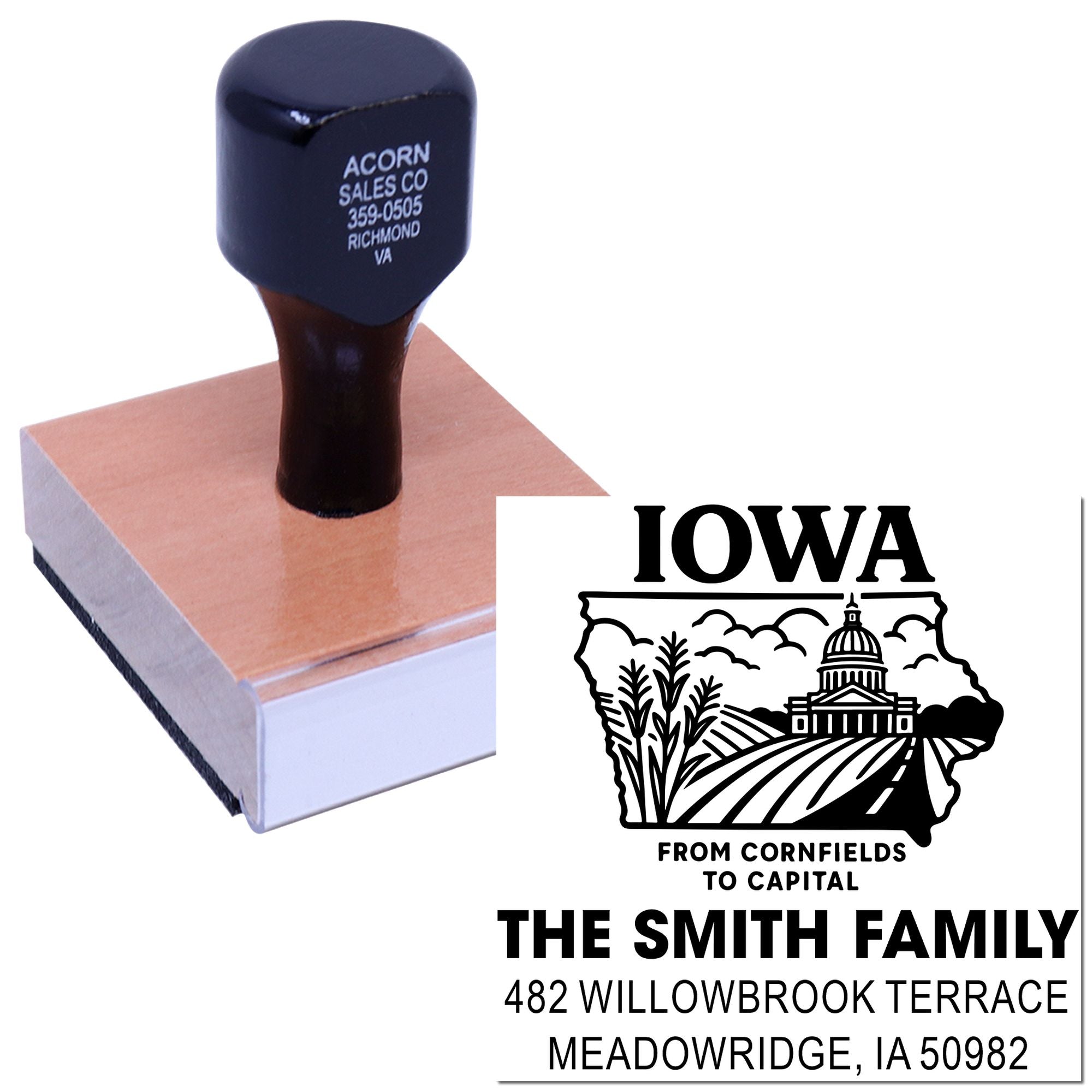 Custom Iowa address rubber stamp with family name and mailing address for personalized return addressing.