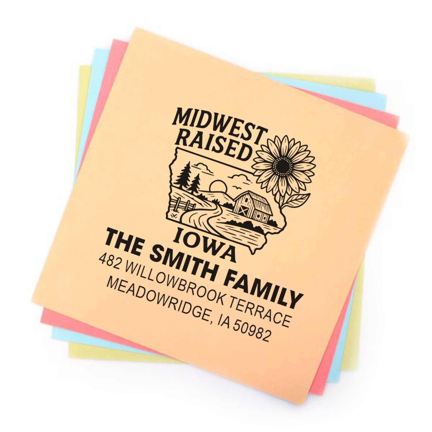 Custom personalized rubber stamp for Midwest Raised Iowa family return address with sunflower barn logo on pastel paper