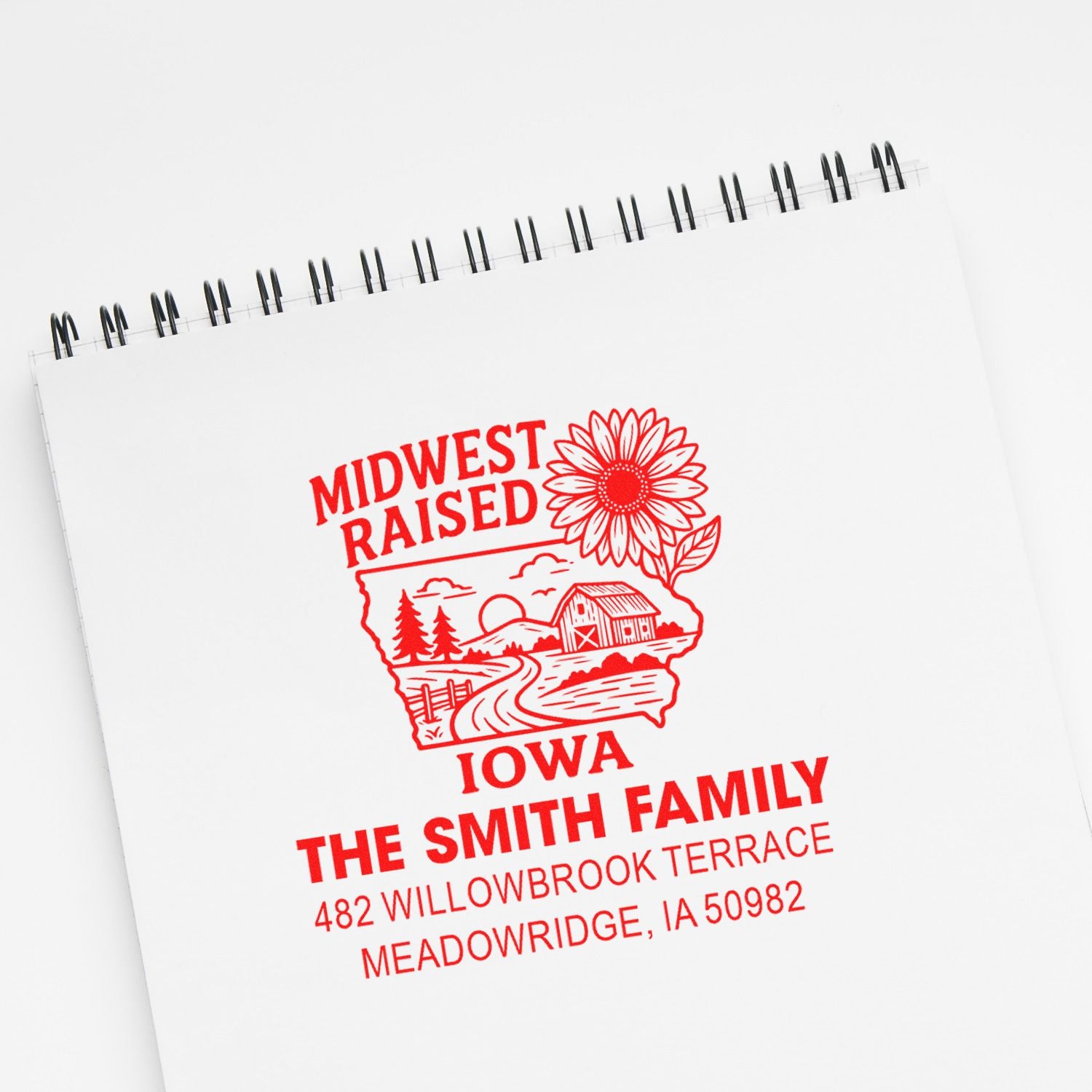 Personalized Iowa return address rubber stamp with Midwest Raised farmhouse design for The Smith Family.