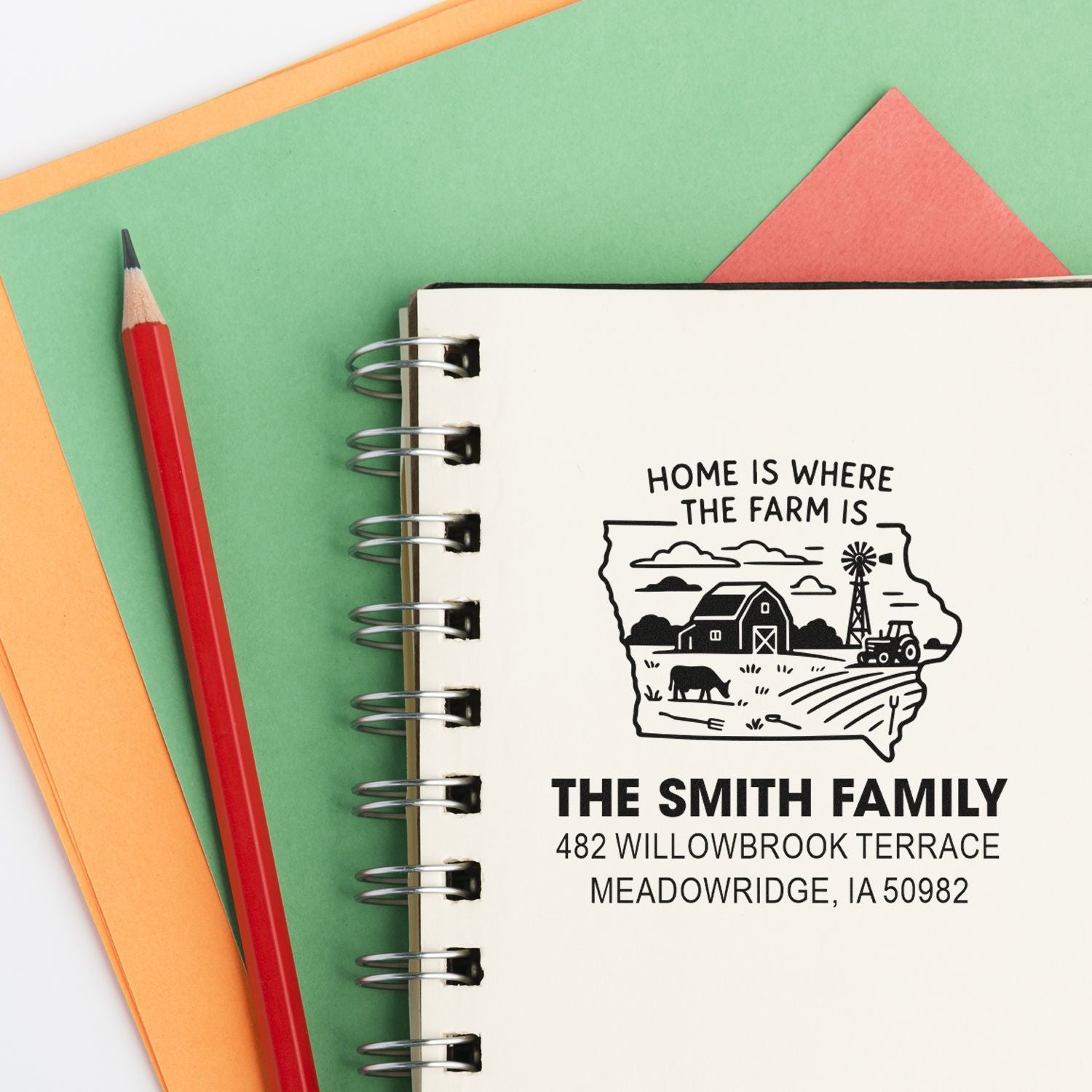 Personalized farm return address rubber stamp for The Smith Family, featuring Home Is Where the Farm Is design.