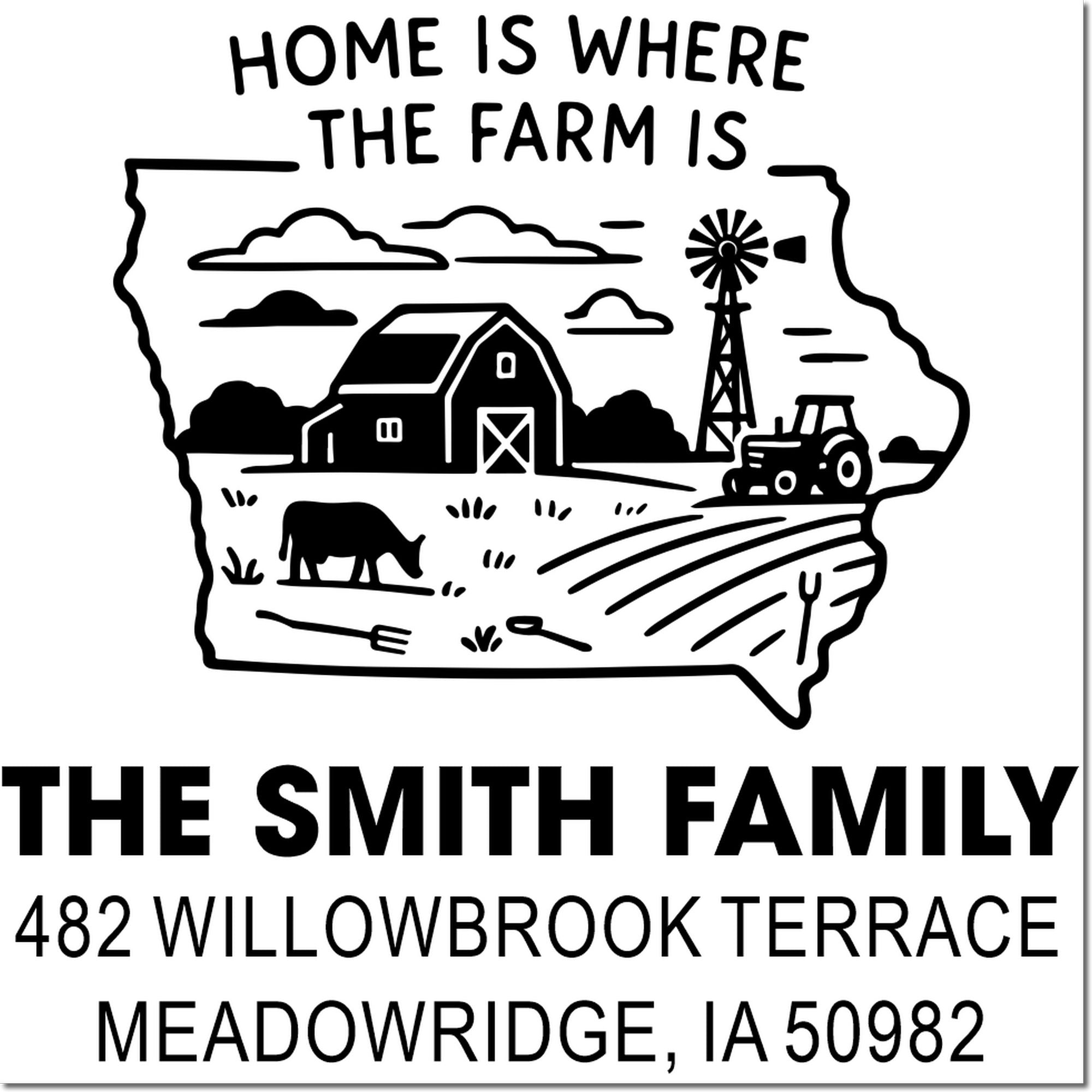 Custom Iowa farm address rubber stamp with barn, windmill and tractor, reading Home Is Where the Farm Is for The Smith Family.