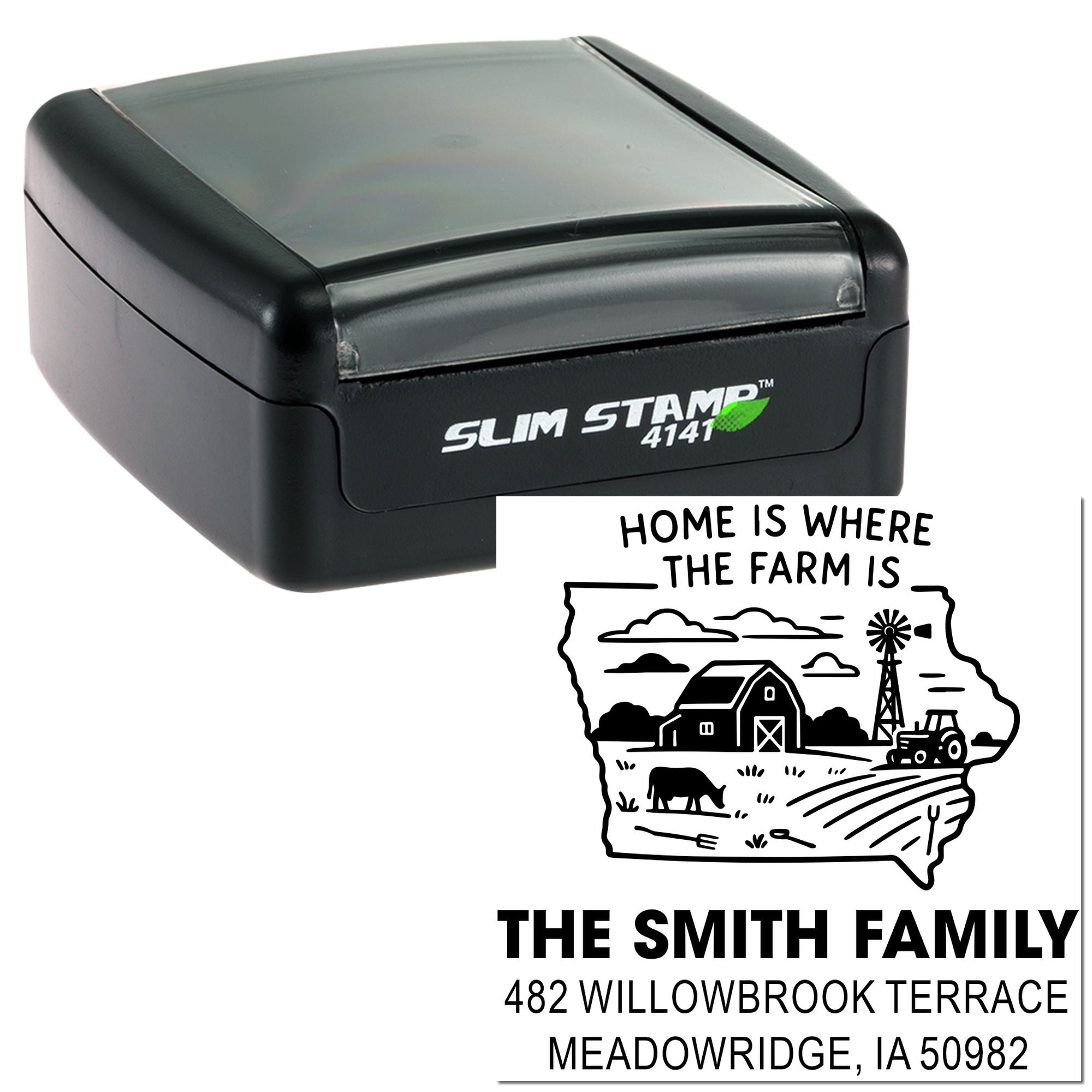 Self-inking Slim Stamp 4141 custom address stamp with farmhouse design for The Smith Family return address.