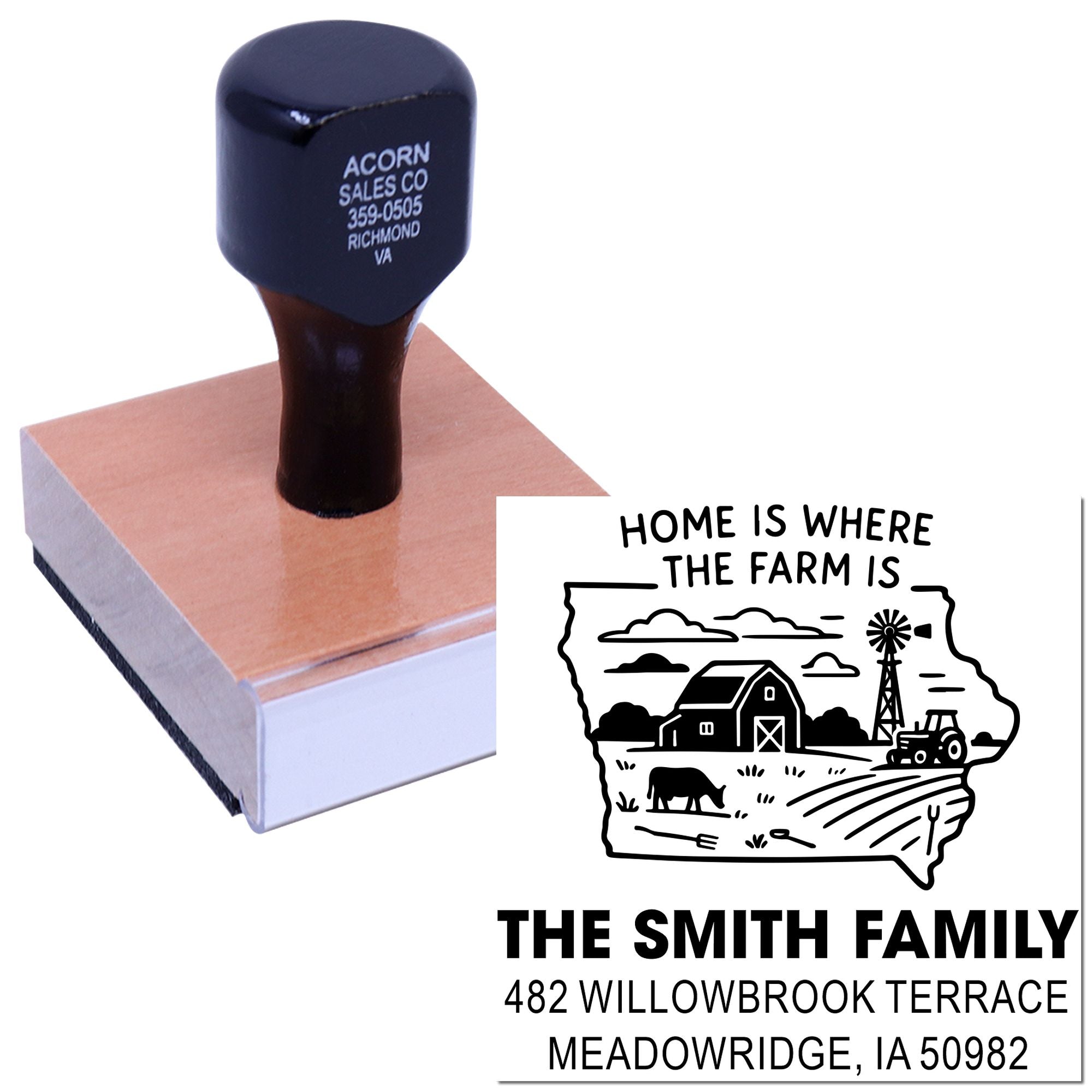 Custom farmhouse return address rubber stamp with Home Is Where the Farm Is and The Smith Family address design.