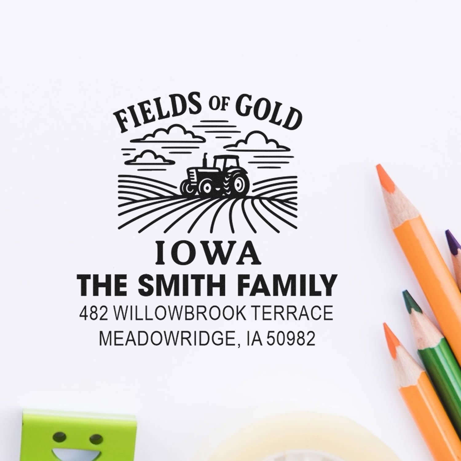 Custom farm-themed rubber address stamp for The Smith Family, Iowa, with tractor design and return address.
