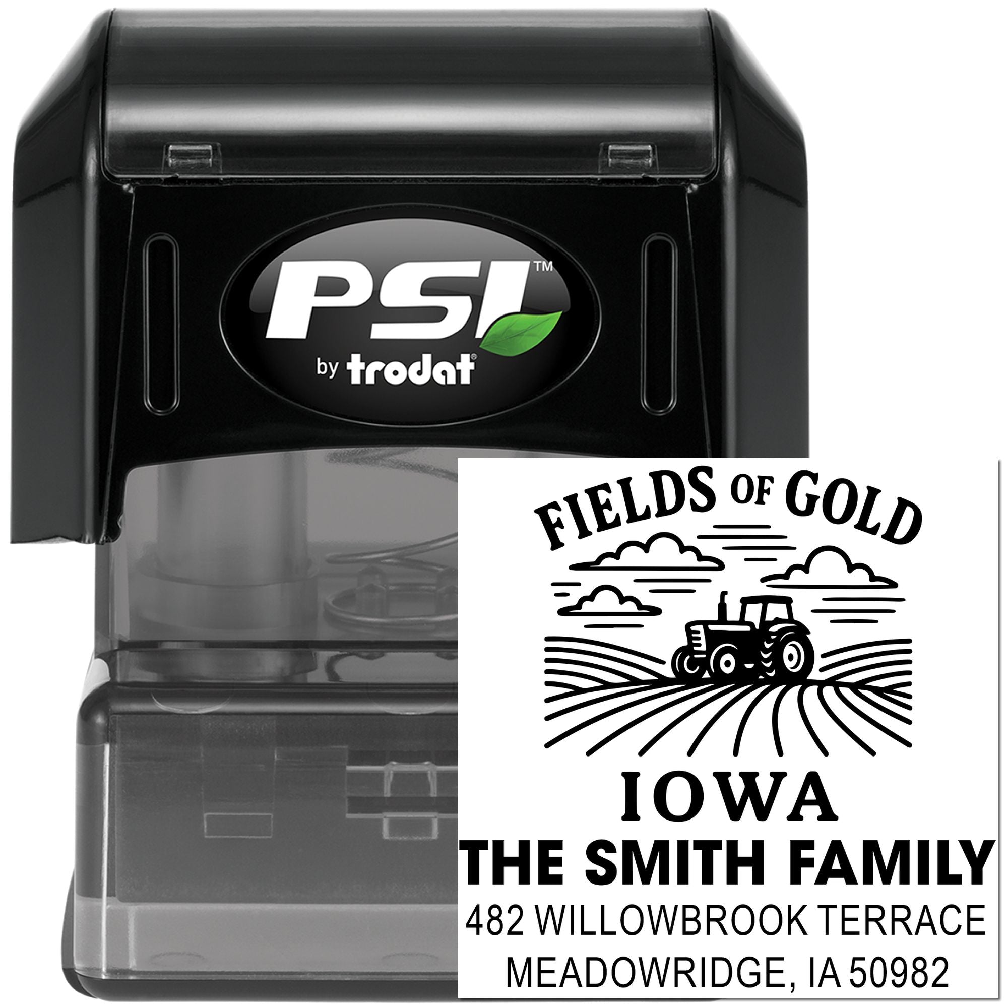 Personalized self-inking rubber stamp with Fields of Gold Iowa farm return address for The Smith Family