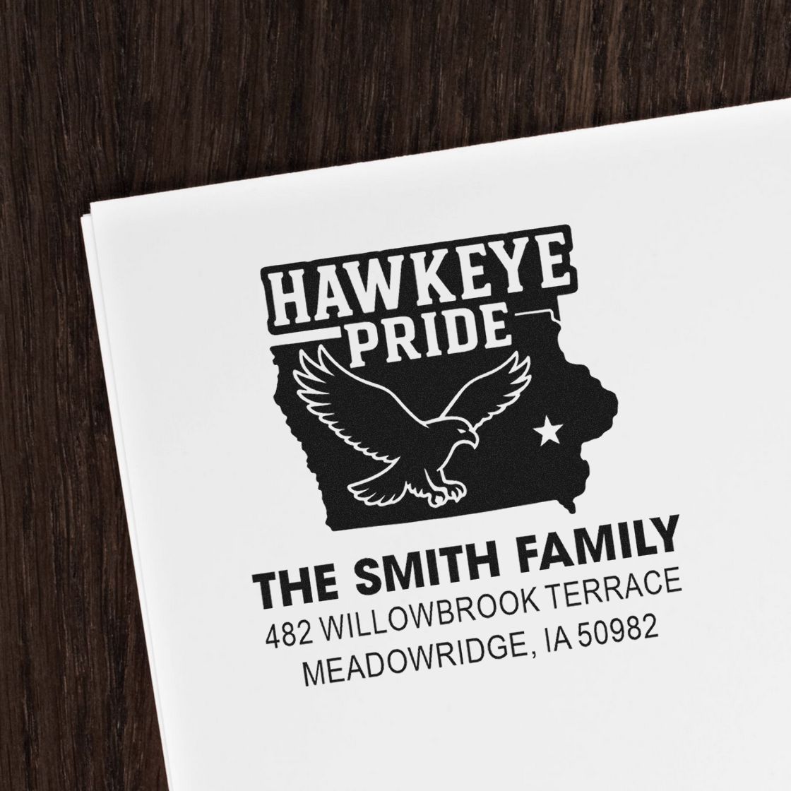 Custom Hawkeye Pride rubber stamp with Iowa eagle design and personalized Smith family address.