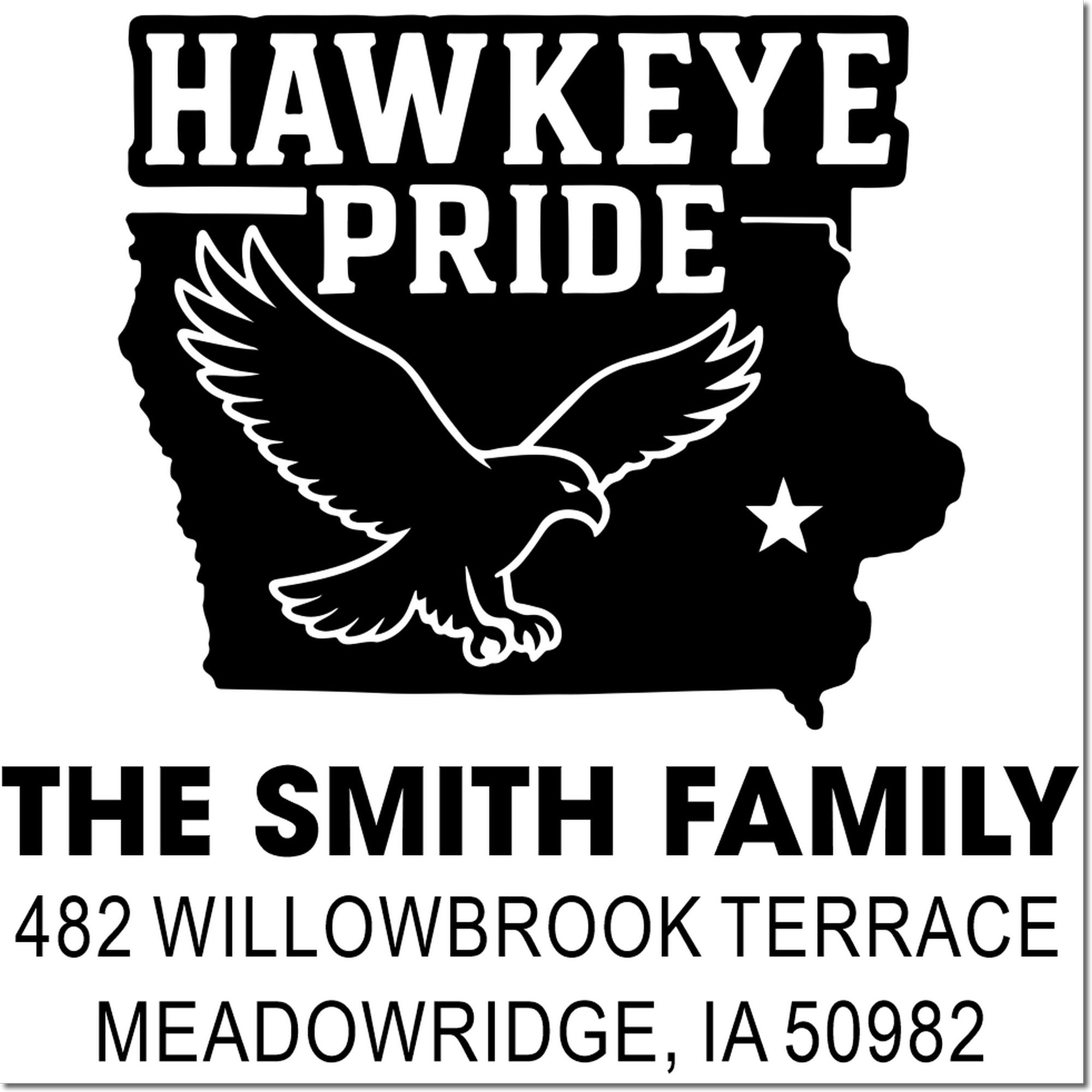 Custom Hawkeye Pride address rubber stamp with Iowa silhouette, eagle, and The Smith Family name for personalized mail.