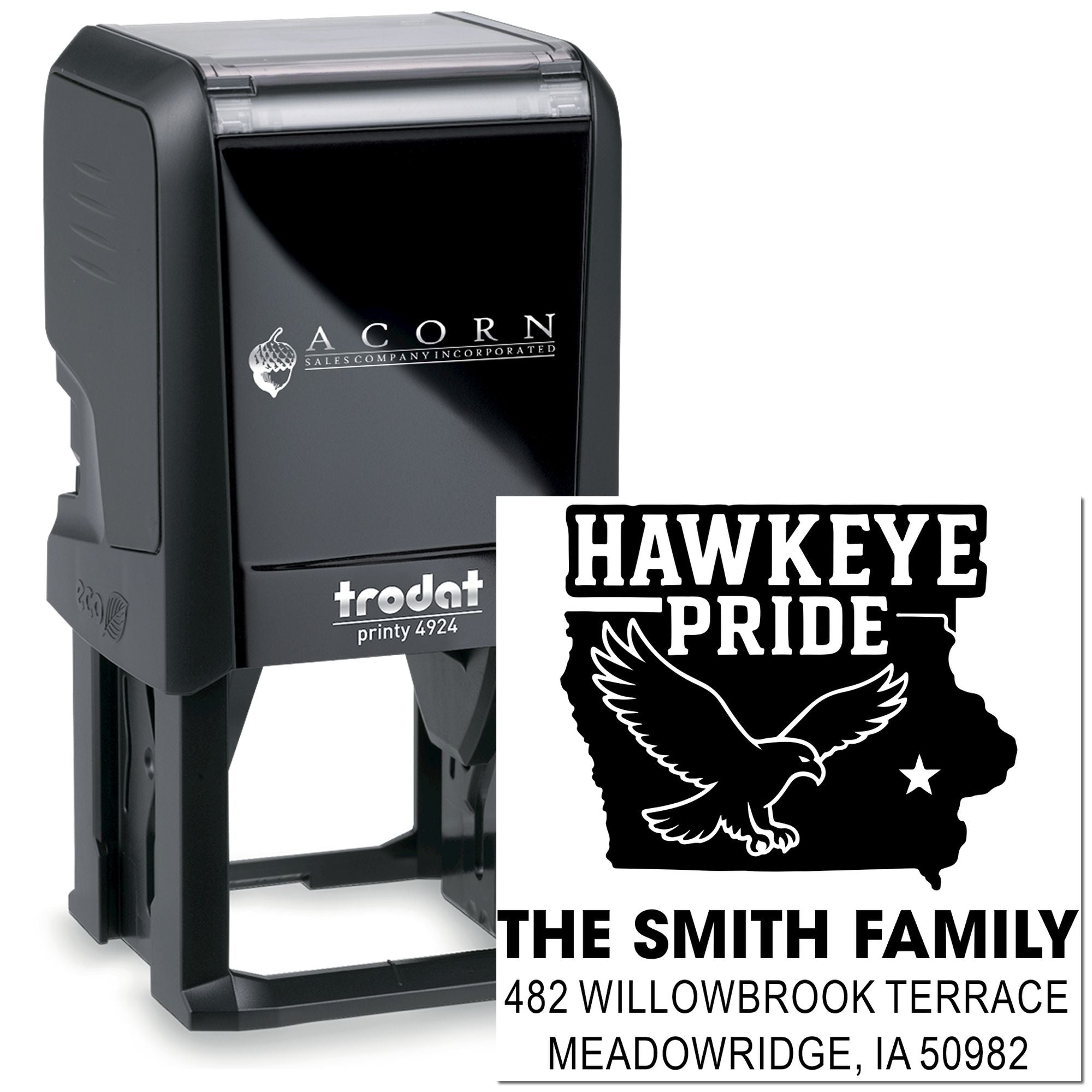 Custom self-inking Hawkeye Pride rubber stamp for personalized family address labels and mailing.